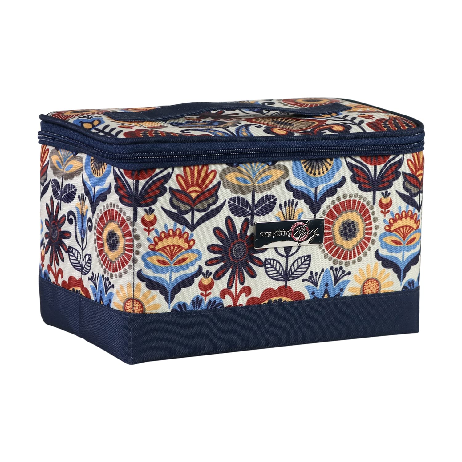 Caja de costura Everything Mary con compartimentos, azul marino y estampado floral multicolor - Cesta plegable para guardar y organizar materiales de costura, accesorios, hilo, agujas y tijeras -