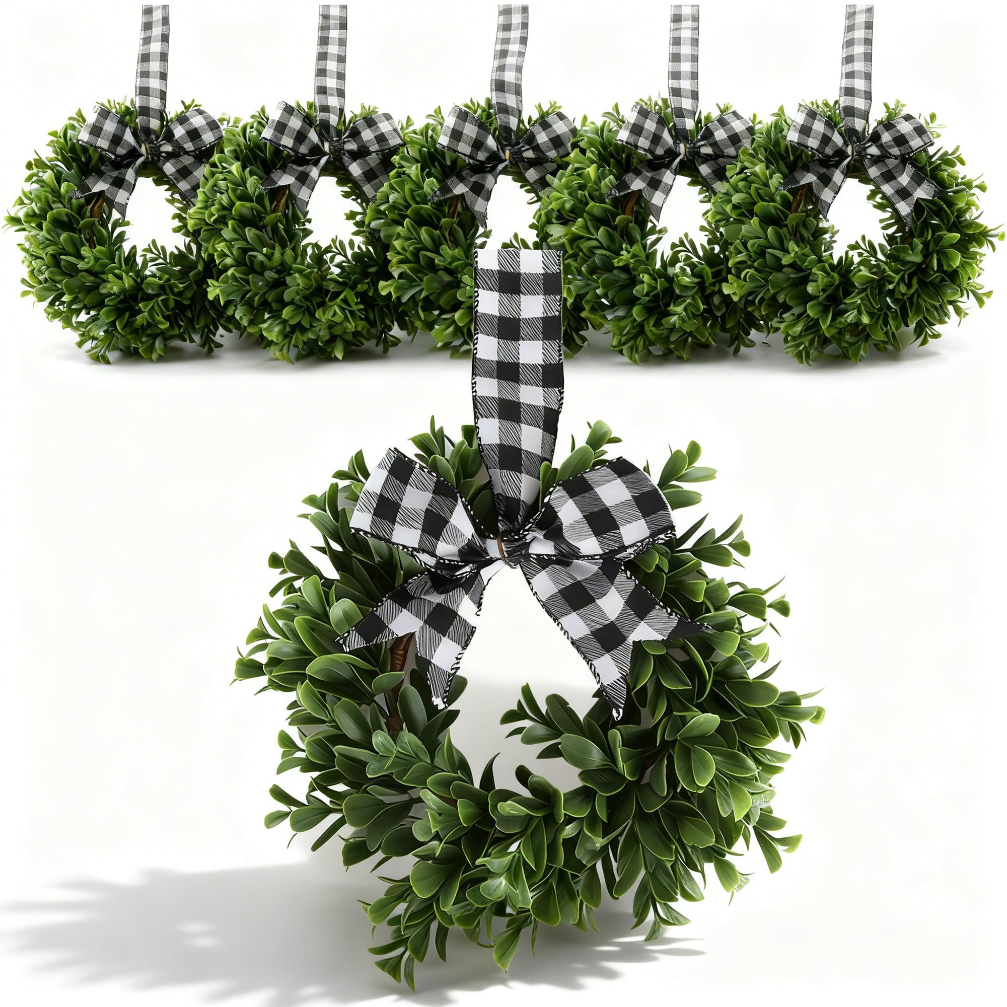 6 Pcs 9" Mini Eucalyptus Wreaths for Kitchen Cabinets, Small Farmhouse Greenery Wreath with Buffalo Check Bow, Realistic Boxwood Leaf Window Indoor Outdoor Decor, UV Protected