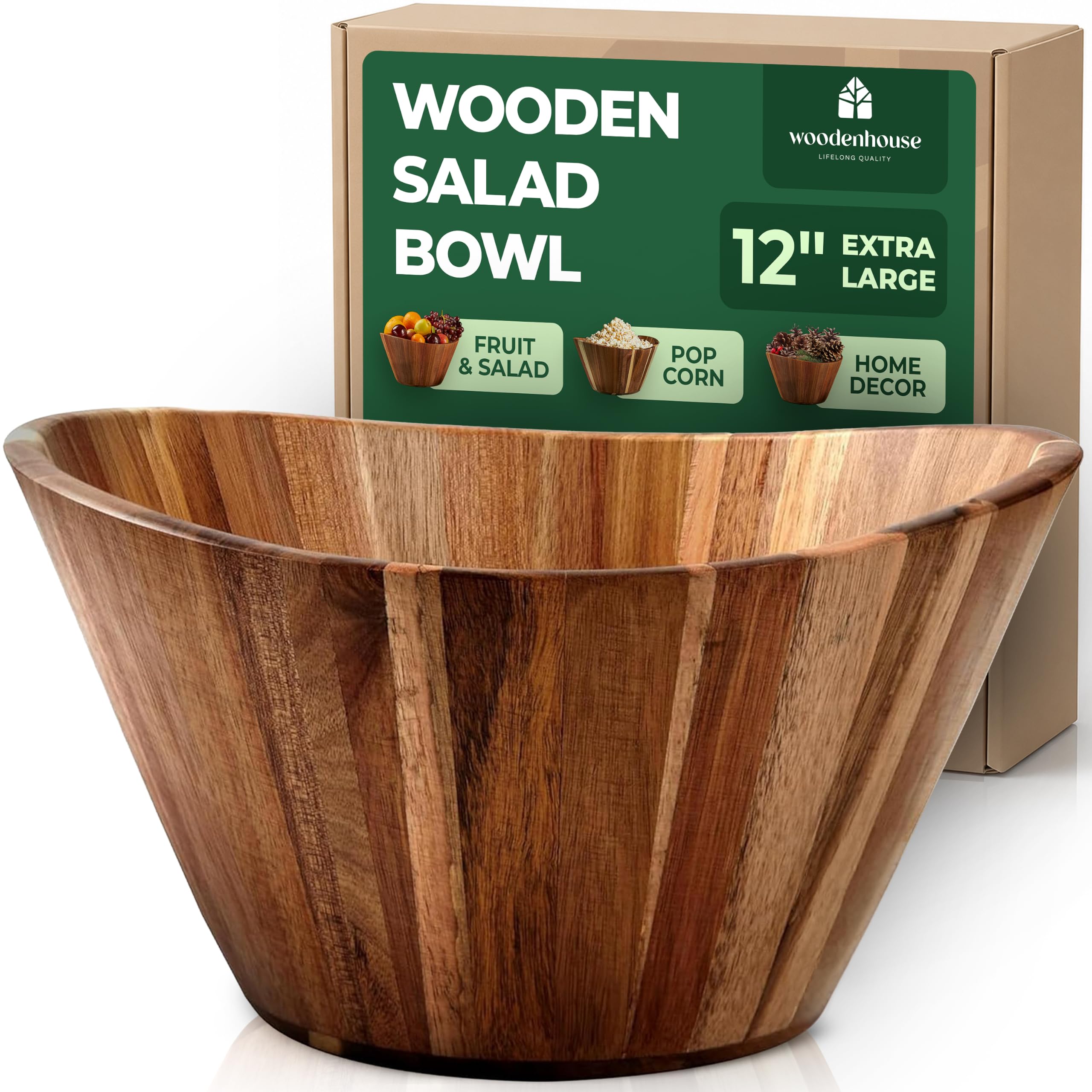 Ensaladera de madera extragrande – Cuencos de madera multiusos de acacia de 12 pulgadas, cuencos decorativos para decoración del hogar, almacenamiento, porción, hilo, diseño ondulado duradero hecho a