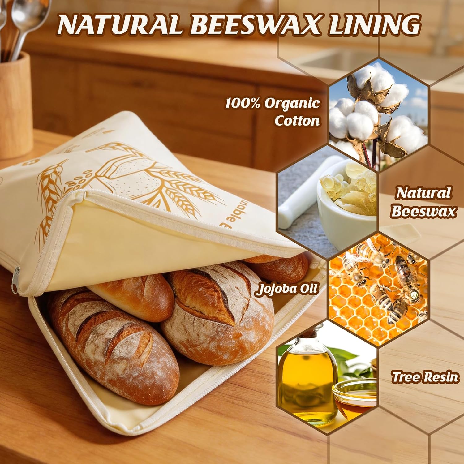 2 Pack Reusable Beeswax Bread Bags with Wide L-Shaped Zipper for Homemade Bread Sourdough - 17x13 Large Organic Cotton Linen Storage Bag - Moisture Lock Keeps Bread Fresh, Easy to Clean