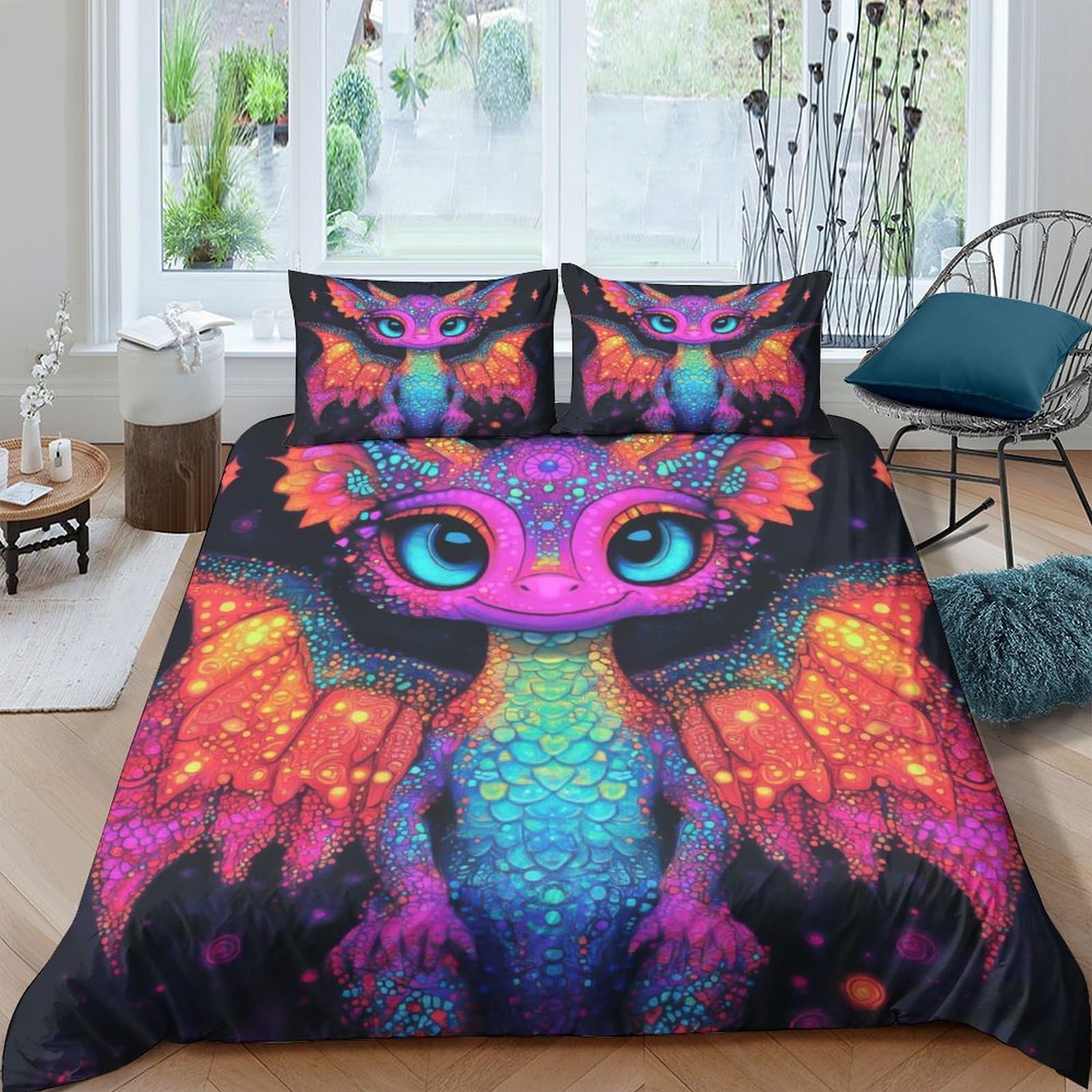 Ctjqhvkz Style-4 3D Printed Colorful Fantasy Dragon Fitted Sheet Microfiber Soft Breathable Neon Art Mattress Cover Bedroom Decor Single（135X200cm）
