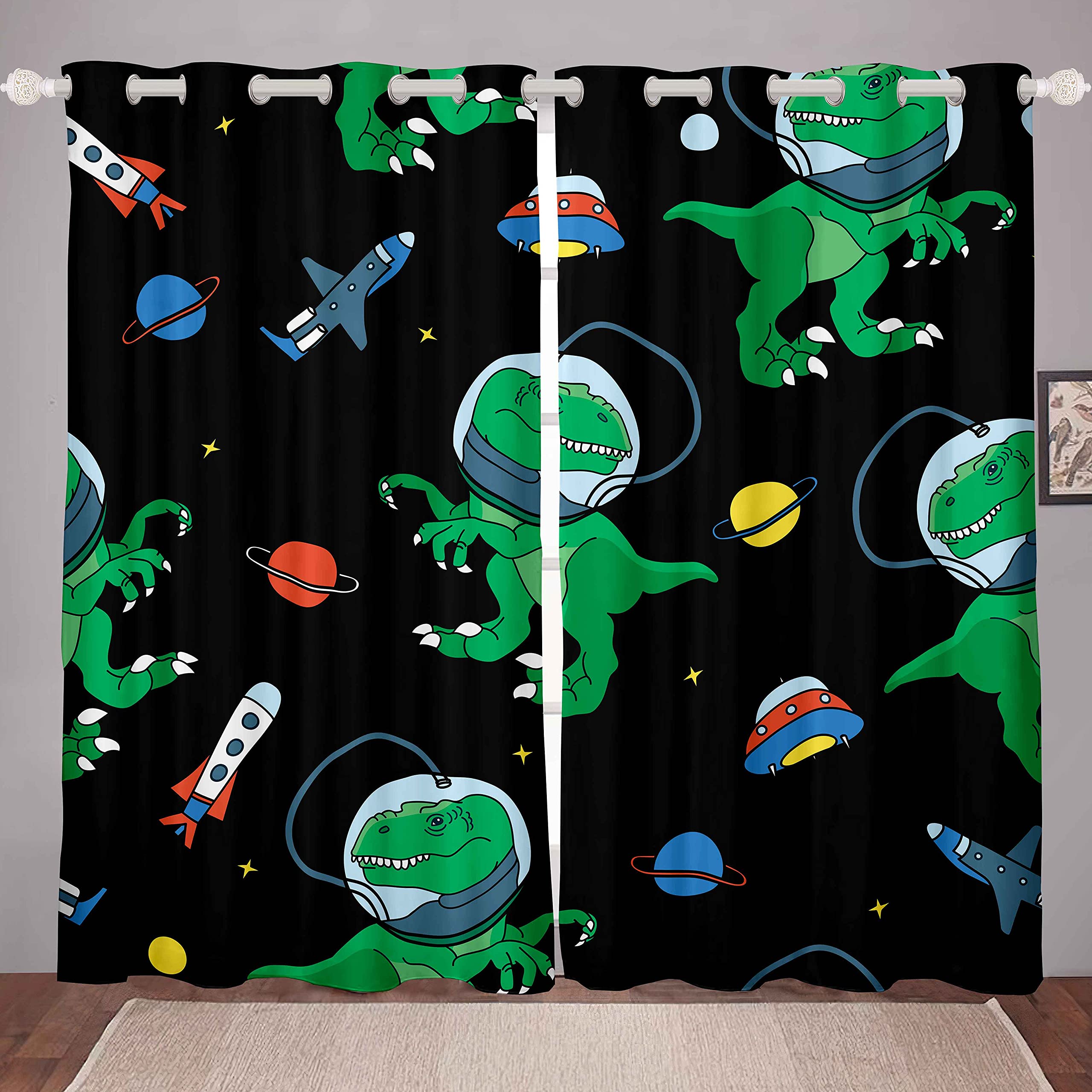 Cortinas de Ventana de Dinosaurio de Dibujos Animados Verdes Lindas Cortinas de la Ventana de Dino Divertidas Cortinas de Dinosaurio Astronauta para niños Espacio Espacio Espacio exteriorW66*L72