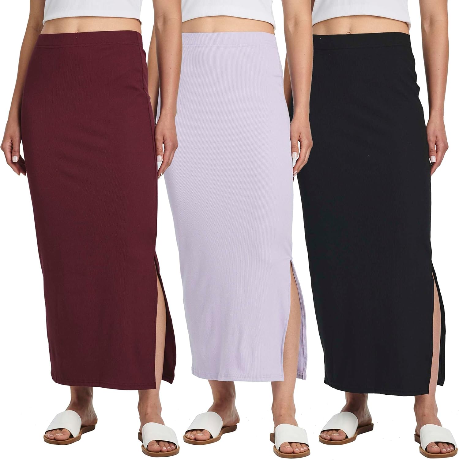 Real Essentials 3 Pack: Women's Ribbed High Waisted Maxi Skirt with Side Slit - Casual Long Pencil Skirt X-Large Set 1