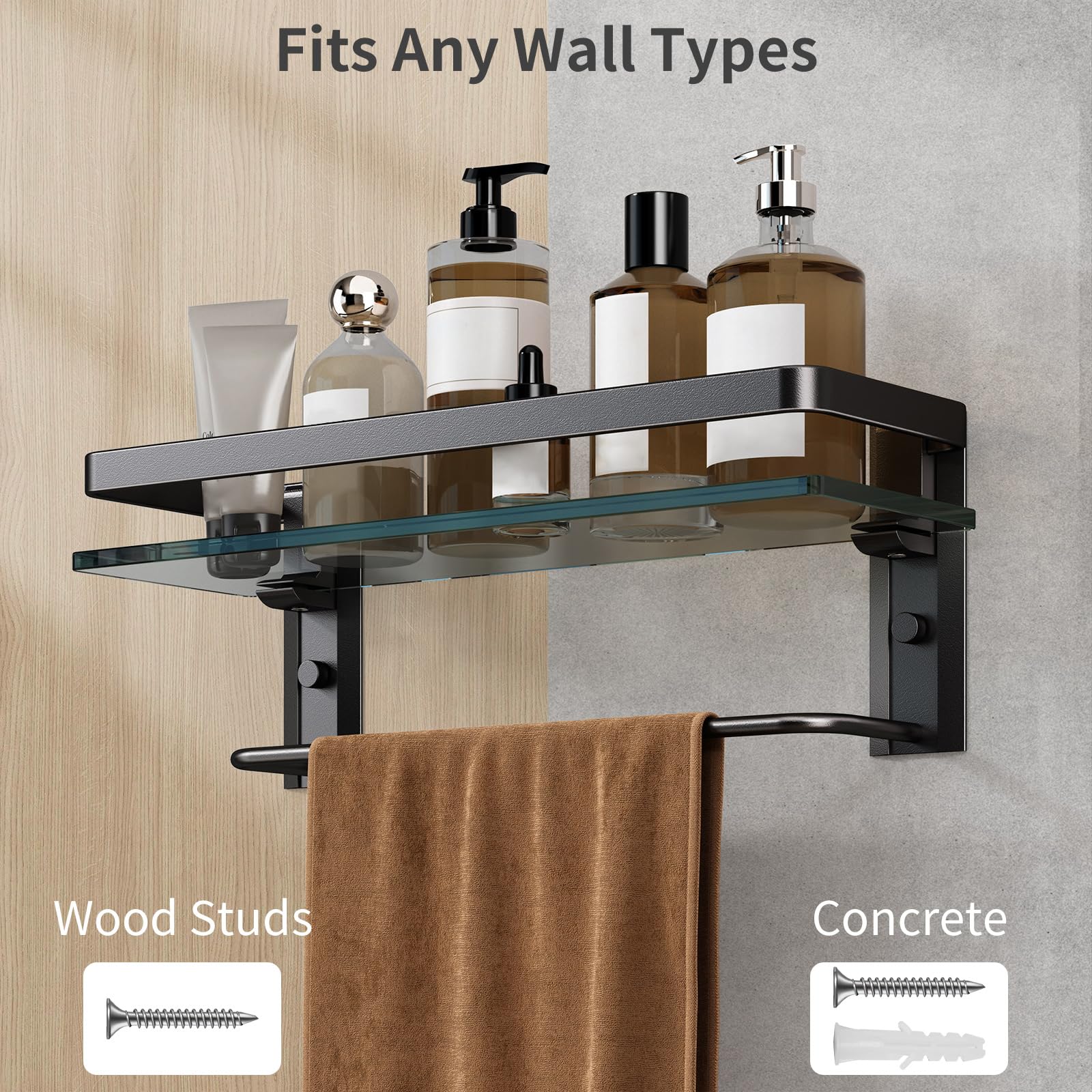 Danpoo Estantes de baño de cristal montado en la pared con toallero, estante organizador de baño, color negro
