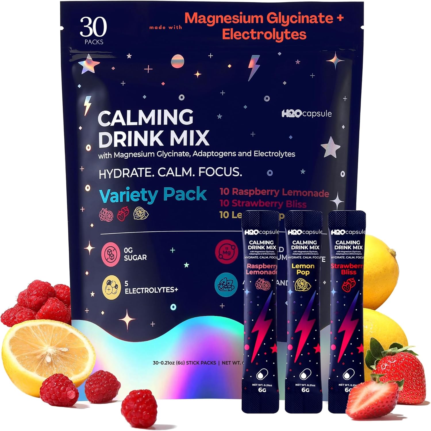 Calm Magnesium Glycinate Drink Mix with Electrolytes – Sugar Free Powder with Ashwagandha, L-Theanine, Vitamin B & GABA – Cortisol Support, Stress Relief, Hydration & Focus - 30 servings (Variety)