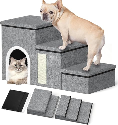 Escaleras para perros pequeños, 4 en 1 plegables de 3 escalones para camas altas, rampa antideslizante ajustable para perros pequeños con