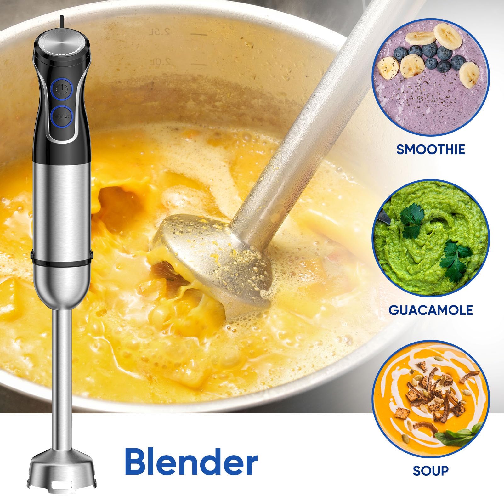Asixxsix Blender Immersion 5 w 1, Mikser Ręczny z 800 Ml Zlewki Mieszającej, 600 Ml Helikopter, trzepaczkę i Kruszon Mleka, Bezpieczeństwo Zmywarki do Domu w Kuchni Domowej (220-240V wtyczka UE
