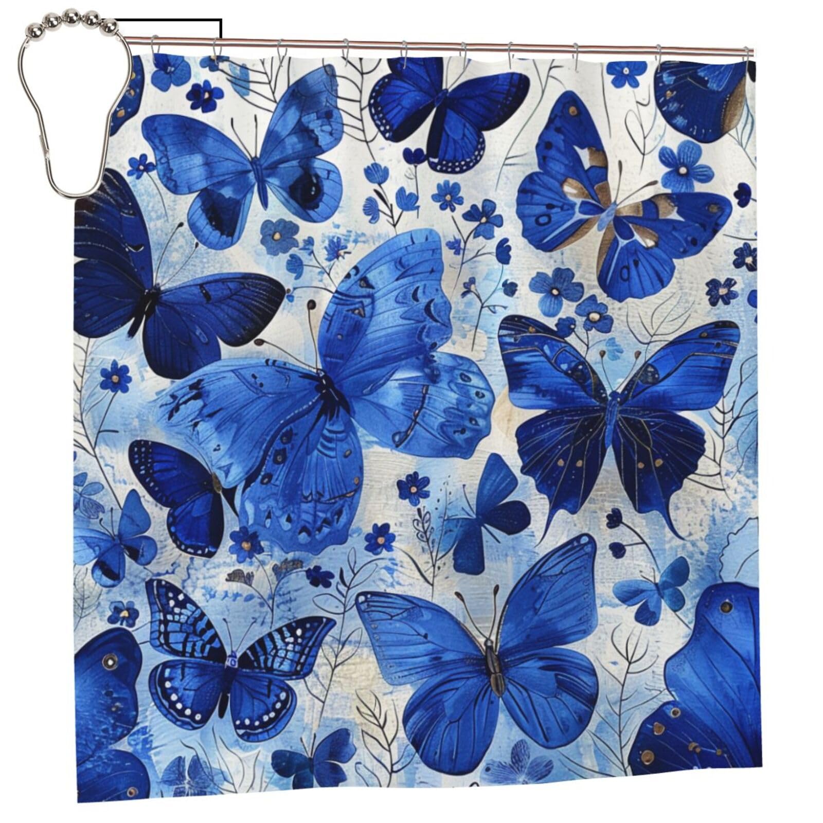 BWWHCCTI Blue Butterflies Printed Shower Curtain With 12 Iron Hooks Opaque Quick Drying Waterproof Shower Curtains Sets For Bathroom 183x183 CM