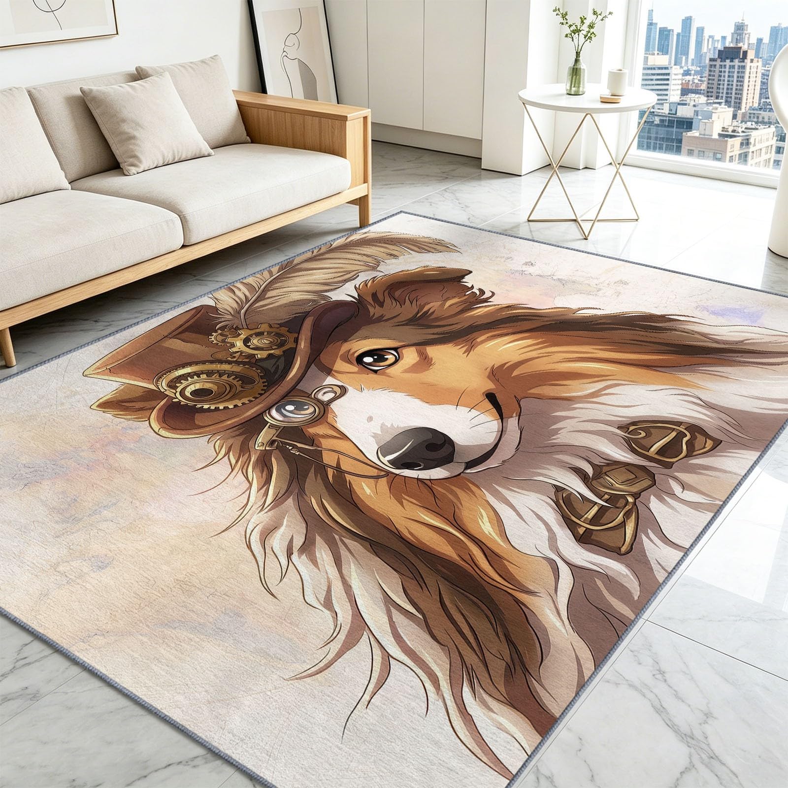 Animaux Steampunk Tapis Antidérapant 140 x 200 cm Doux Tapis, pour Salon Chambre à Coucher Salle à Manger Haut-De-Forme Chien Berger Moderne Lavable Poils Ras Lavable Poils Courts Moquette