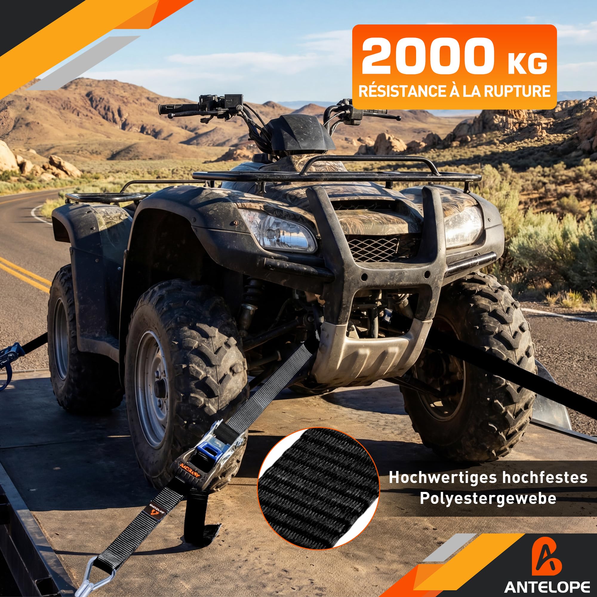 A ANTELOPE Lot de 4 sangles d'arrimage avec cliquet | 6 m | 35 mm | Sangles d'arrimage en deux parties avec cliquet et crochet 2 t (2000 kg), kit d'arrimage pour moto, voiture, noir