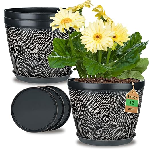 Quarut 12 Inch 4 Pack Large Plant Pots, Plastic Flower Pot for Indoor & Outdoor with Drainage Holes & Saucer, Circle Pattern Planters Garden Pots for Herbs