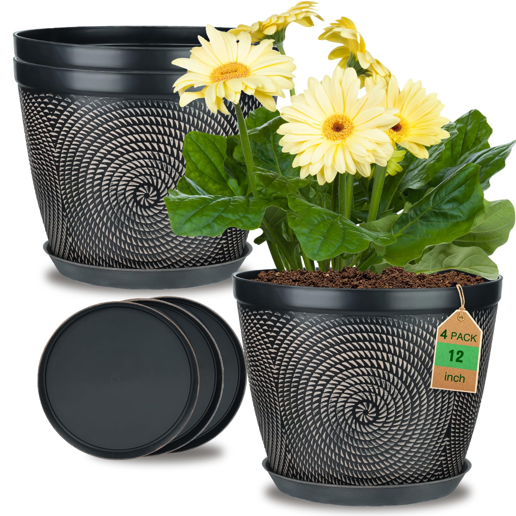 Quarut 12 Inch 4 Pack Large Plant Pots, Plastic Flower Pot for Indoor & Outdoor with Drainage Holes & Saucer, Circle Pattern Planters Garden Pots for Herbs