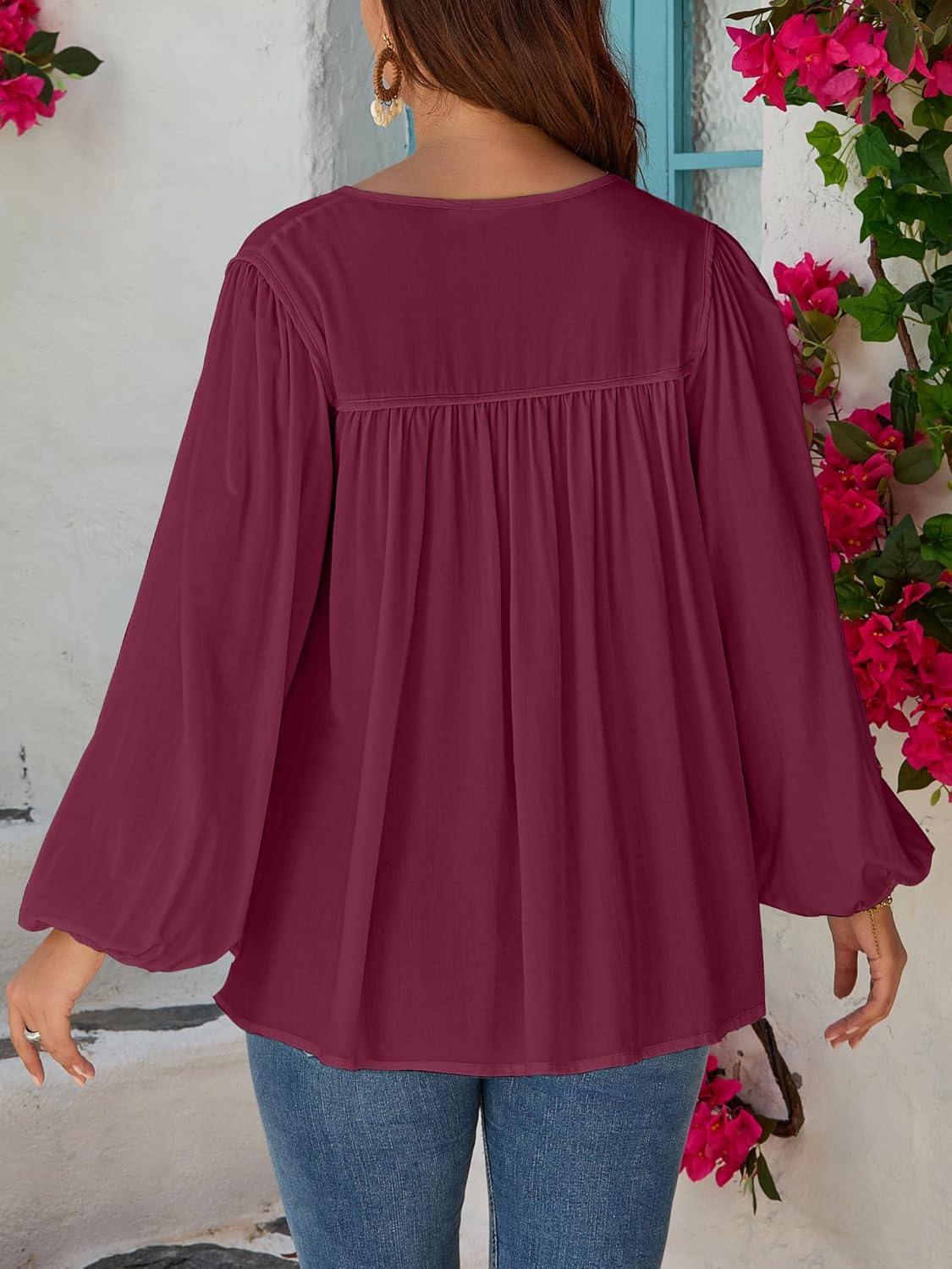 Boho Tops for Women Long Sleeve - V Neck Babydoll Blouse, Trendy Casual & Dressy Lantern Sleeve Tunic Shirt - Image 2