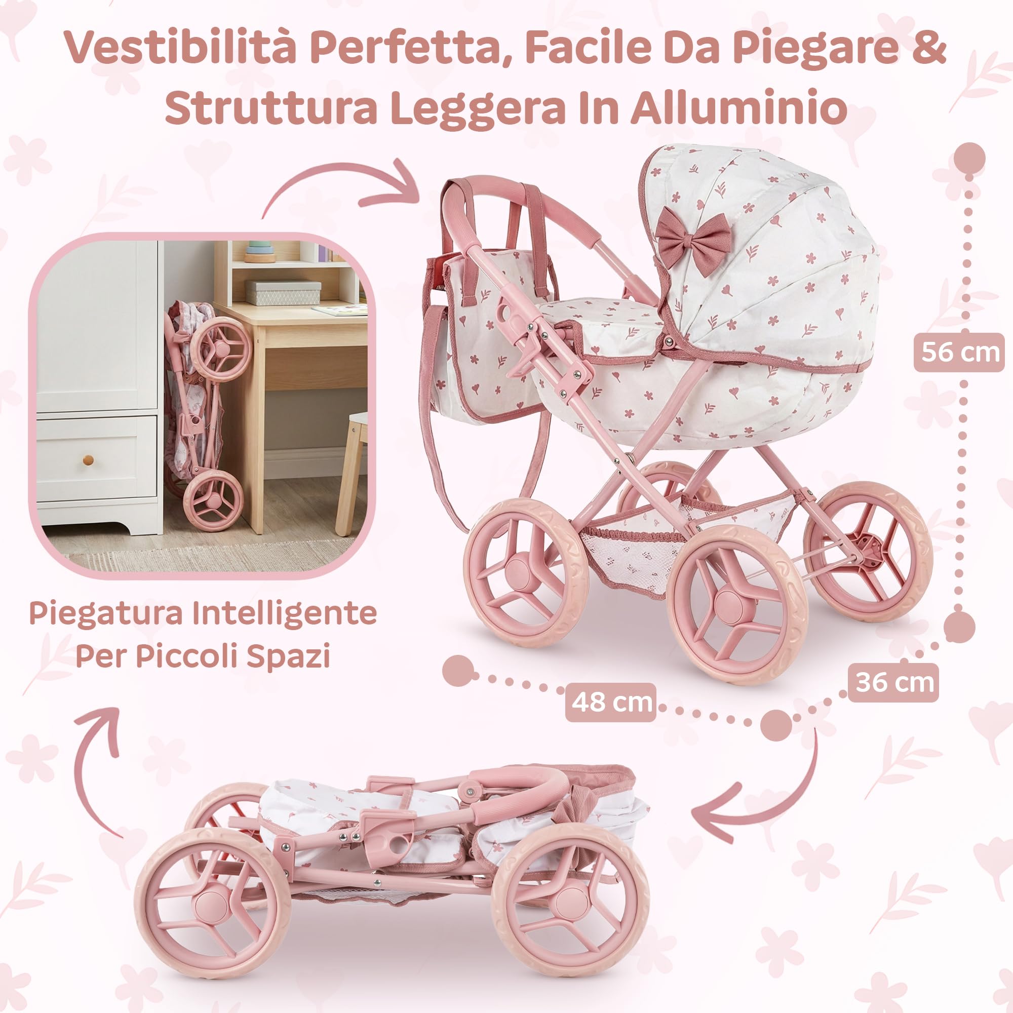 Carrozzina per bambole dai 2 anni – Passeggino per bambole pieghevole per bambini con borsa e cestino, ruote silenziose, passeggino leggero giocattolo per bambine