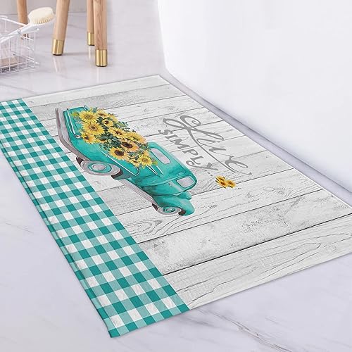 EOBTAIN Alfombras de baño de girasol, color verde azulado, tablero de madera, a cuadros, antideslizante, tapete para puerta delantera, accesorios de