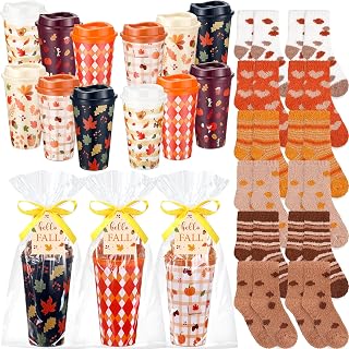 Glitopper 12 Sets Gift Bulk for Coworkers Fall Thanksgiving | 16 oz Reusable Cups and Card Sets, for Office Staff Women Friends Family