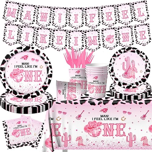 Decoración de fiesta de cumpleaños de vaquera occidental, 142 piezas, juego de vajilla rosa de vaquera con la frase "I'm One Cowgirl", servilletas,