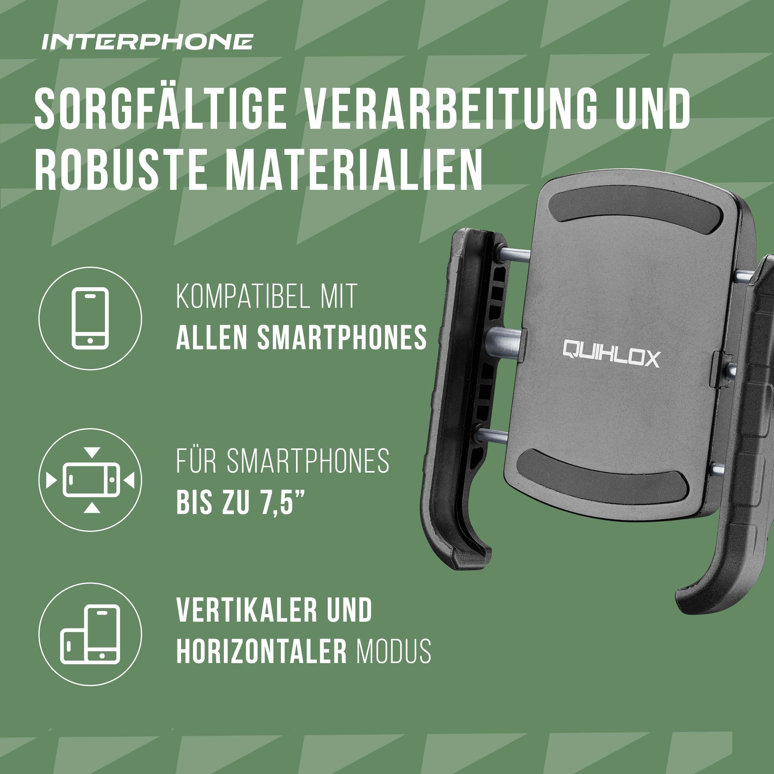 Interphone - Quiklox Modular System - Uchwyt na telefon do motocykla-uniwersalny uchwyt na smartfona (od 3,5" do 7,5") do kierownicy Quiklox lub wsporników lusterek-szybkozłączka