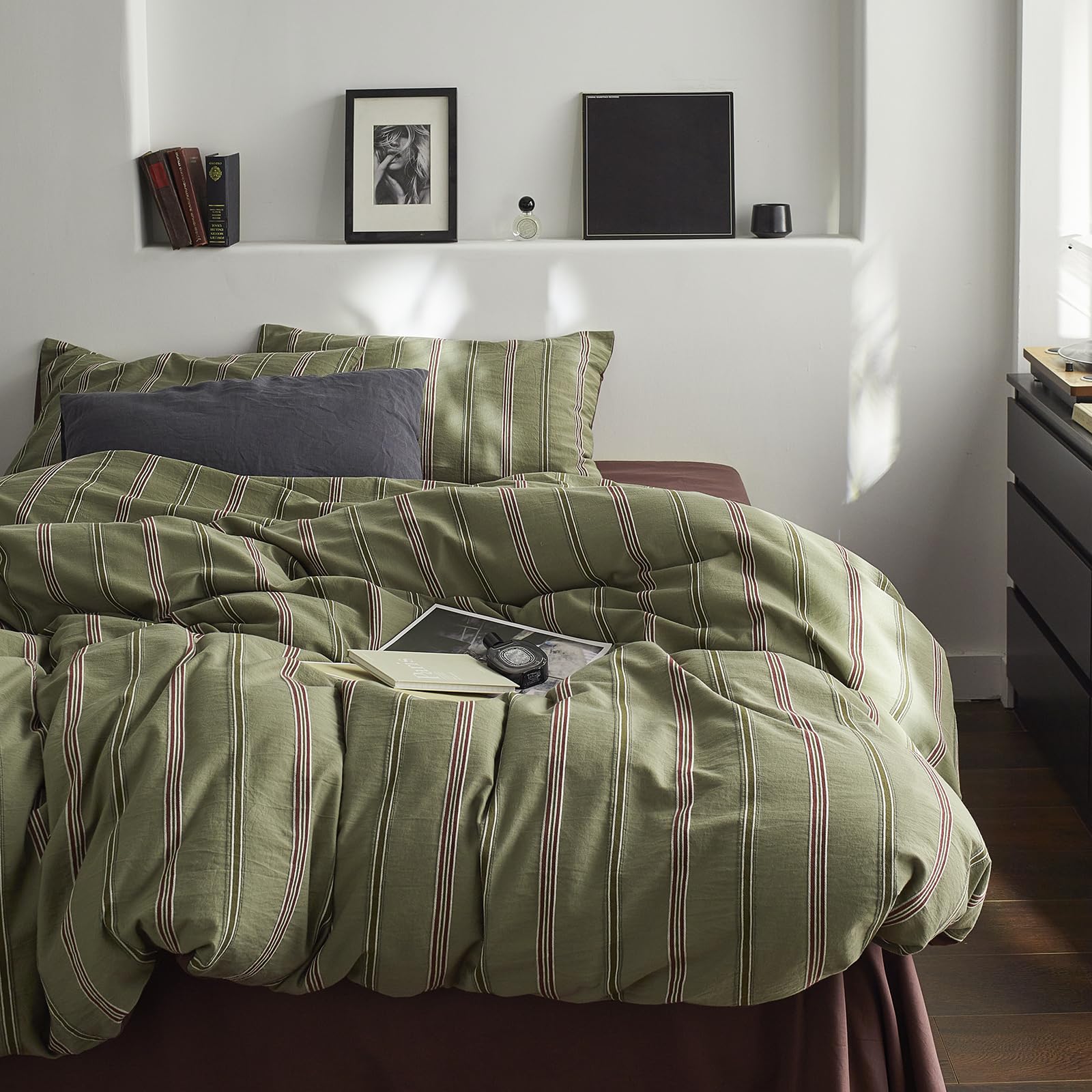 mixinni Vintage Olive Green Striped Duvet Cover Set King, 100% Cotton Yarn-Dyed Jacquard Bedding 3 Pieces, Reversible Design Retro Terracotta Comforter Cover with Zipper &amp; Corner Ties