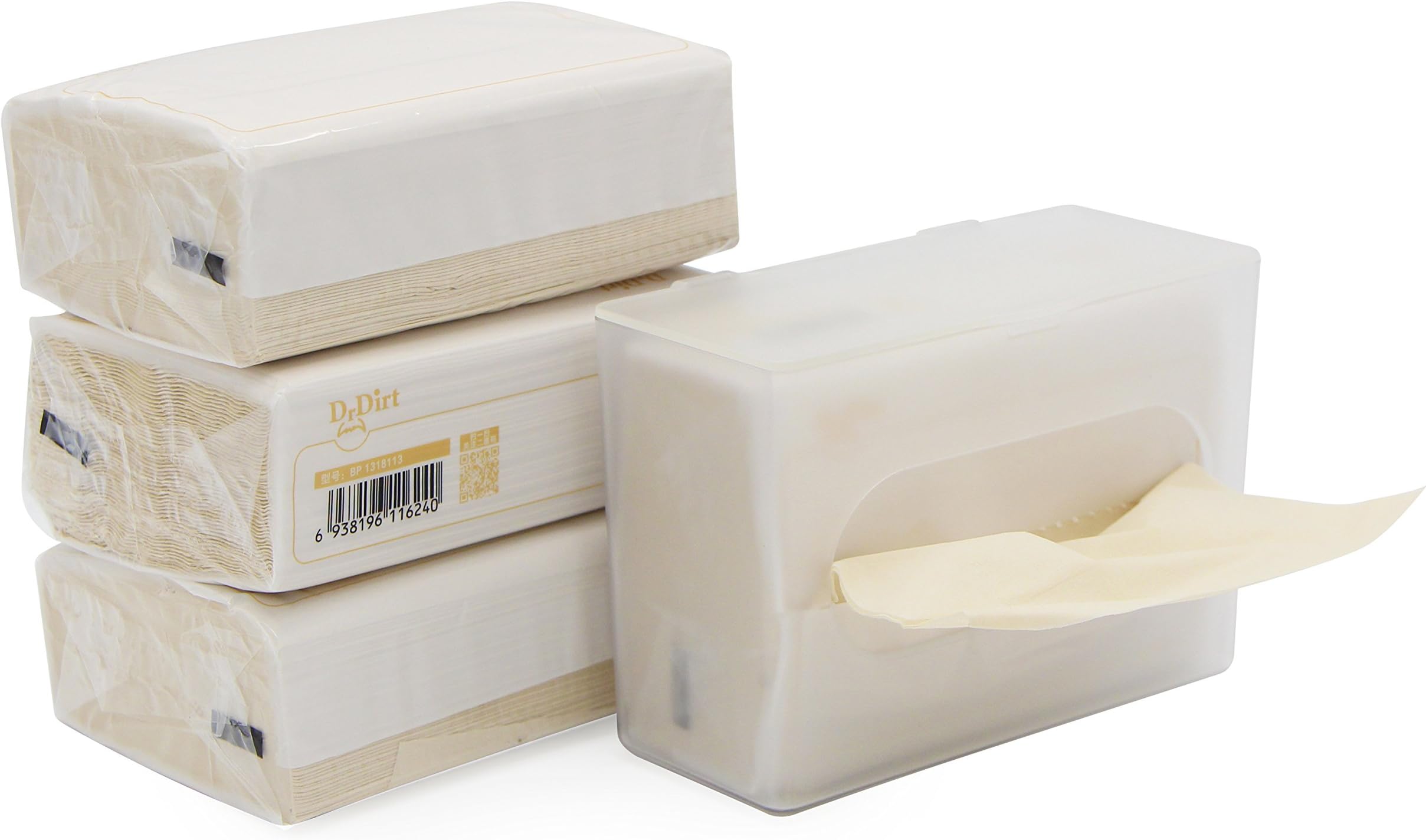 DrDirt Bamboo Tissues 3-Ply - 110 Count, Bamboo Facial Tissue Cube Bag 4 Pack with Wall-Mounted Dispenser - Eco-Friendly, Perfect for Bathroom & Kitchen
