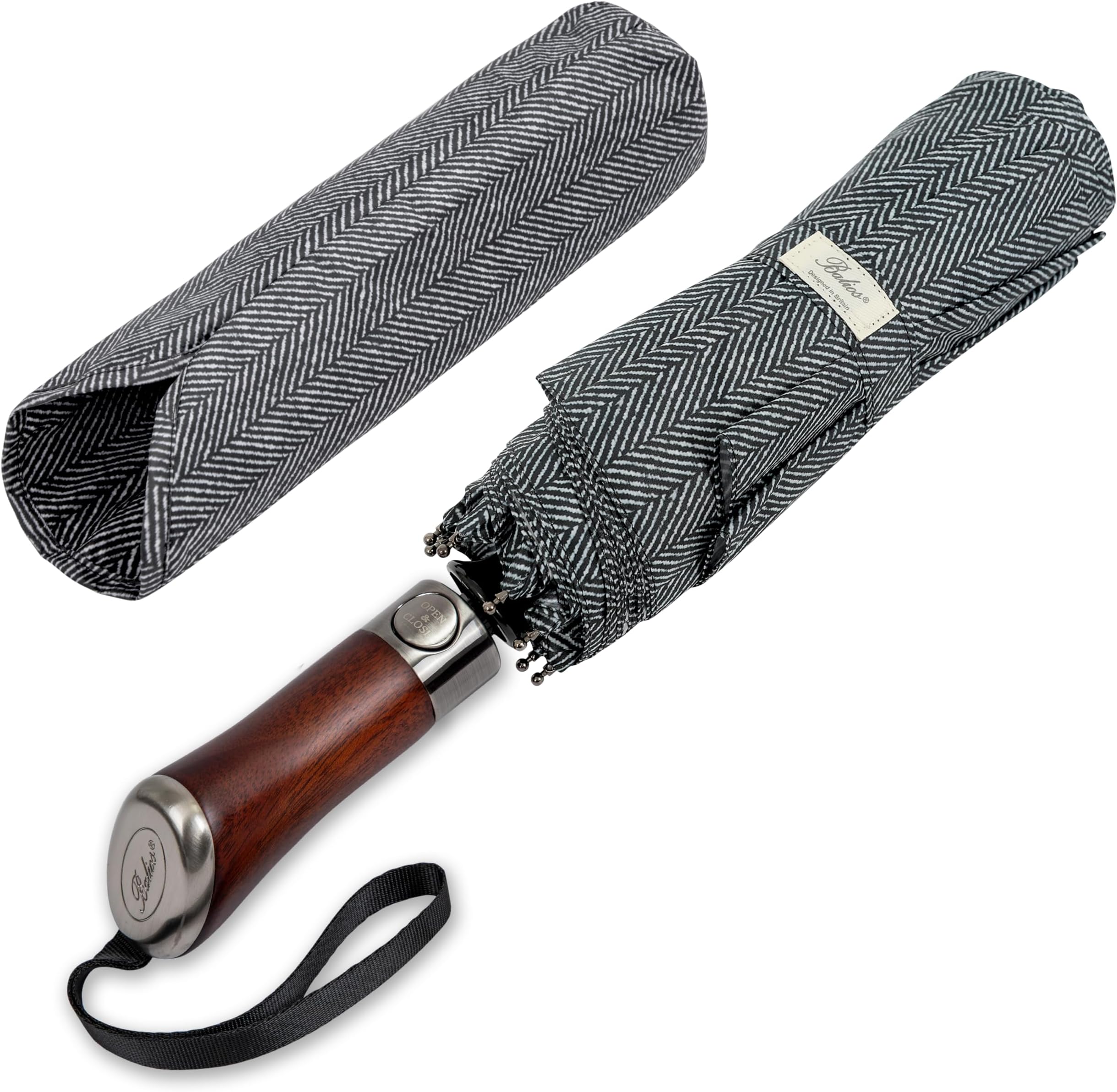 (Designed in UK) Travel Umbrella Luxurious Golden Hardwood Handle Auto Open & Close Windproof Frame Single Canopy Automatic Folding Umbrella Men's & Ladies