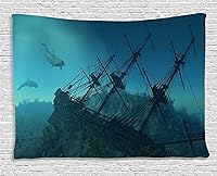 Vista 167 de Ambesonne Tapiz de isla tropical, olas del océano en la playa de Seychelles al atardecer horizonte, decoración de tela para colgar en la pared