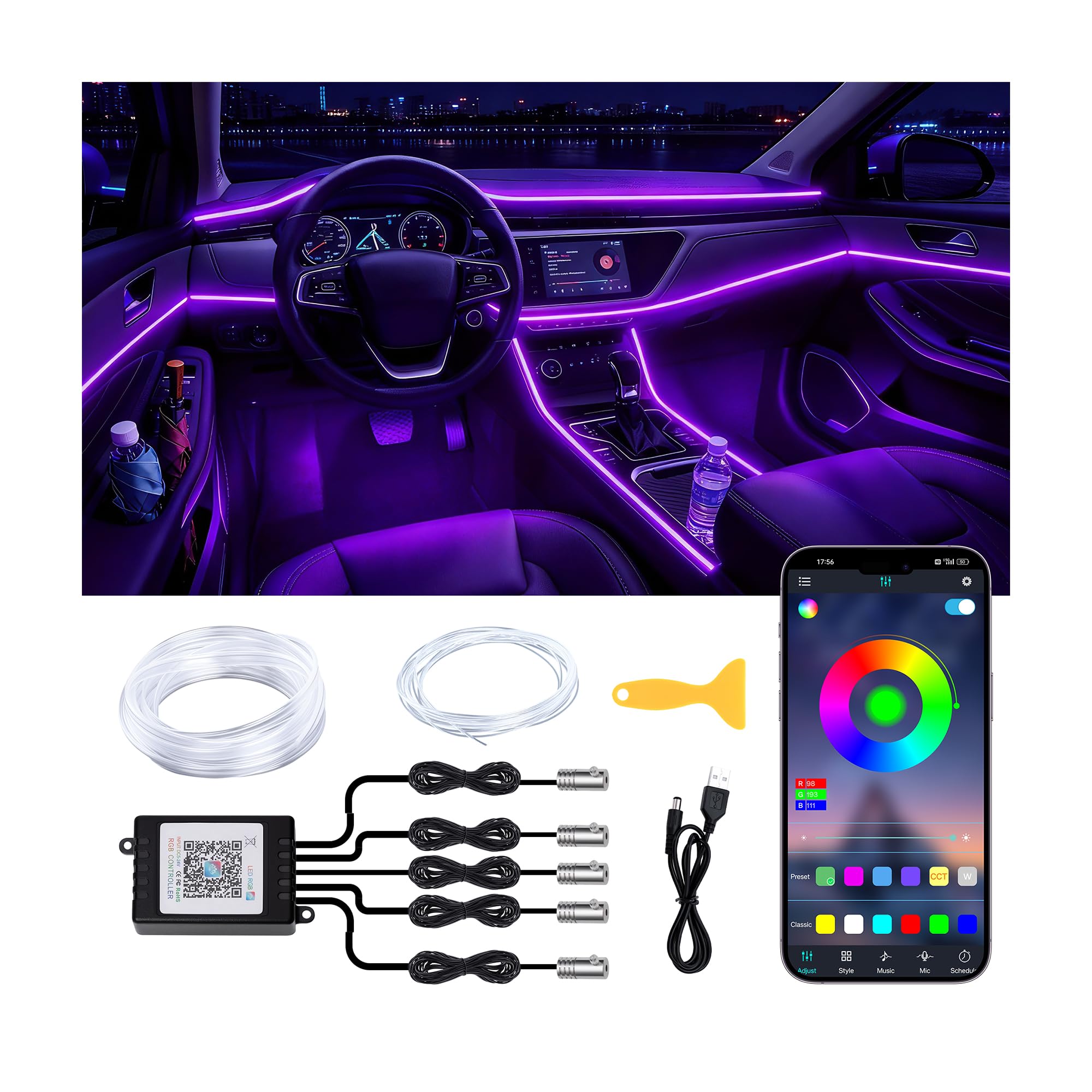 Car LED Lights Interior Wireless 5 in 1 RGB Ambient Lighting Kit with 236" Fiber Optic, 16 Million Colors, APP Music Sync, Waterproof Strip Lights for Cars, Trucks, SUVs