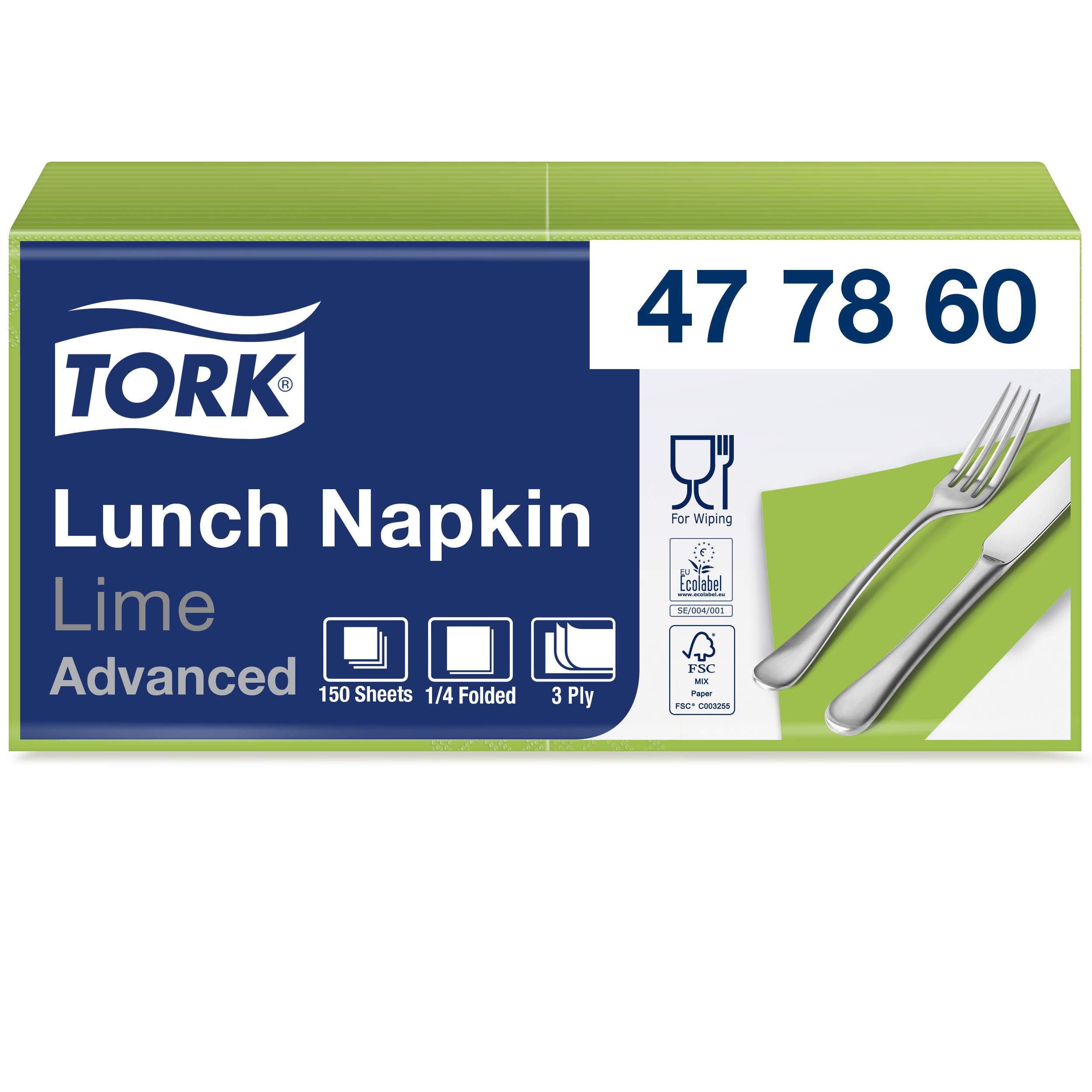 Tork 477860 Lunch Soft/Servilletas suaves para almuerzo / 10 paquetes x 150 unidades (1500 unidades) / Pliegue 1/4 / color verde lima / 3 capas / 33 x 32,6 cm/Advanced
