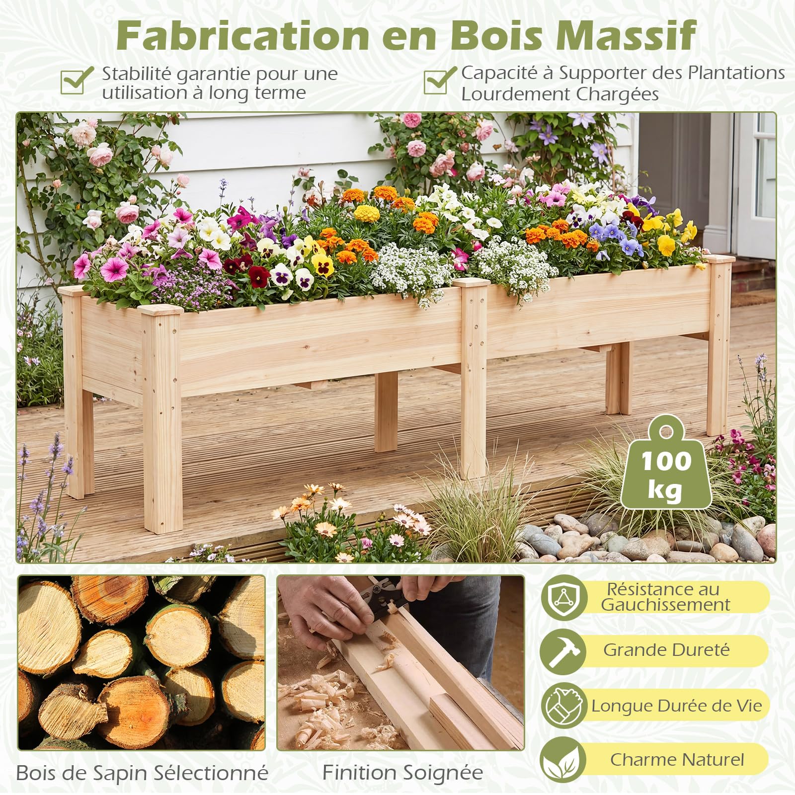 COSTWAY Jardinière avec 2 Zones de Culture, Bac à Fleur Surélevé en Bois de Sapin Plateaux Amovibles Séparation Trou de Drainage, pour Plante Légume Fleur, 240 x 43,5 x 51,5 CM, Naturel