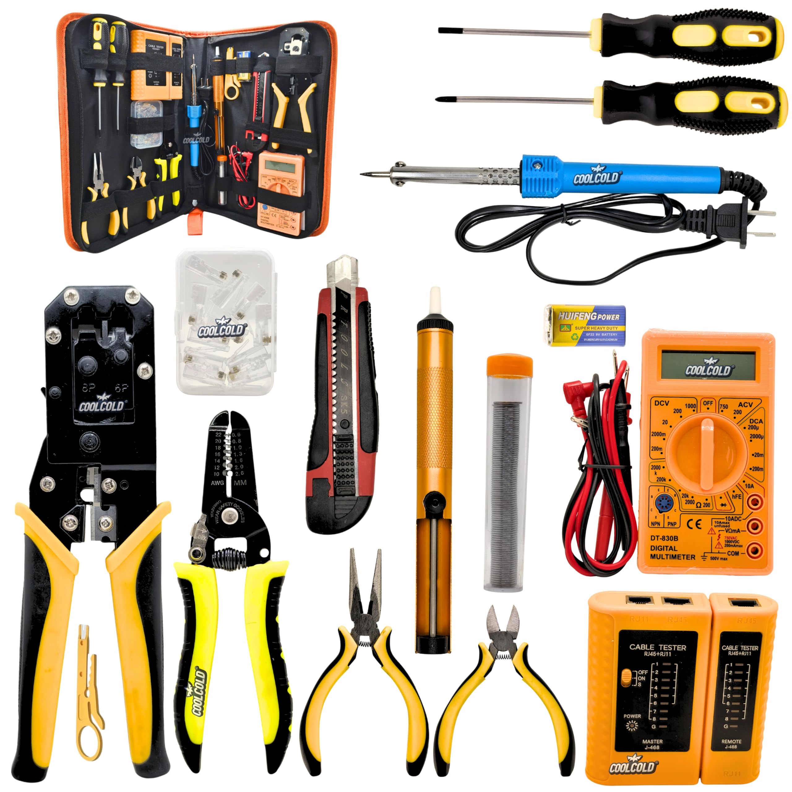 COOLCOLD Networking Tool Kit Combo – RJ45 Crimping Tool, LAN Cable Tester, Wire Stripper Cutter, Digital Multimeter, Soldering Iron, Screwdrivers Set for Network Engineer & Computer Repair-image-17