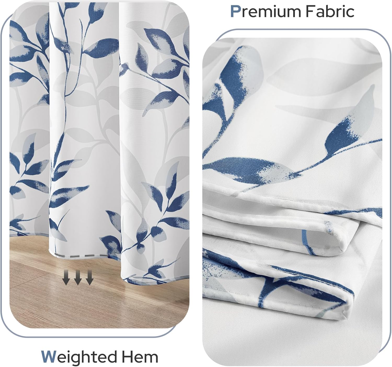 HOMEIDEAS Blue and White Heavy Duty Shower Curtain, Thick Shower Curtains for Bathroom with 12 Metal Hooks, Waterproof, Machine Washable, Modern Leaf Pattern, 71x74 Inch