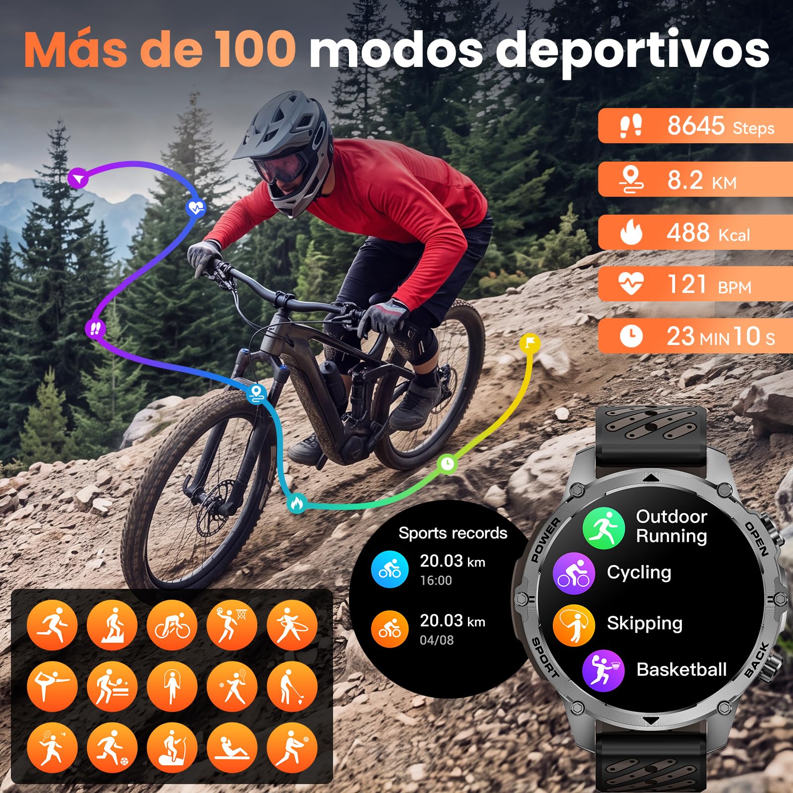Militar Reloj Inteligente Hombre GPS, 1100 mAh, 1,7" Smartwatch, 2 Correas