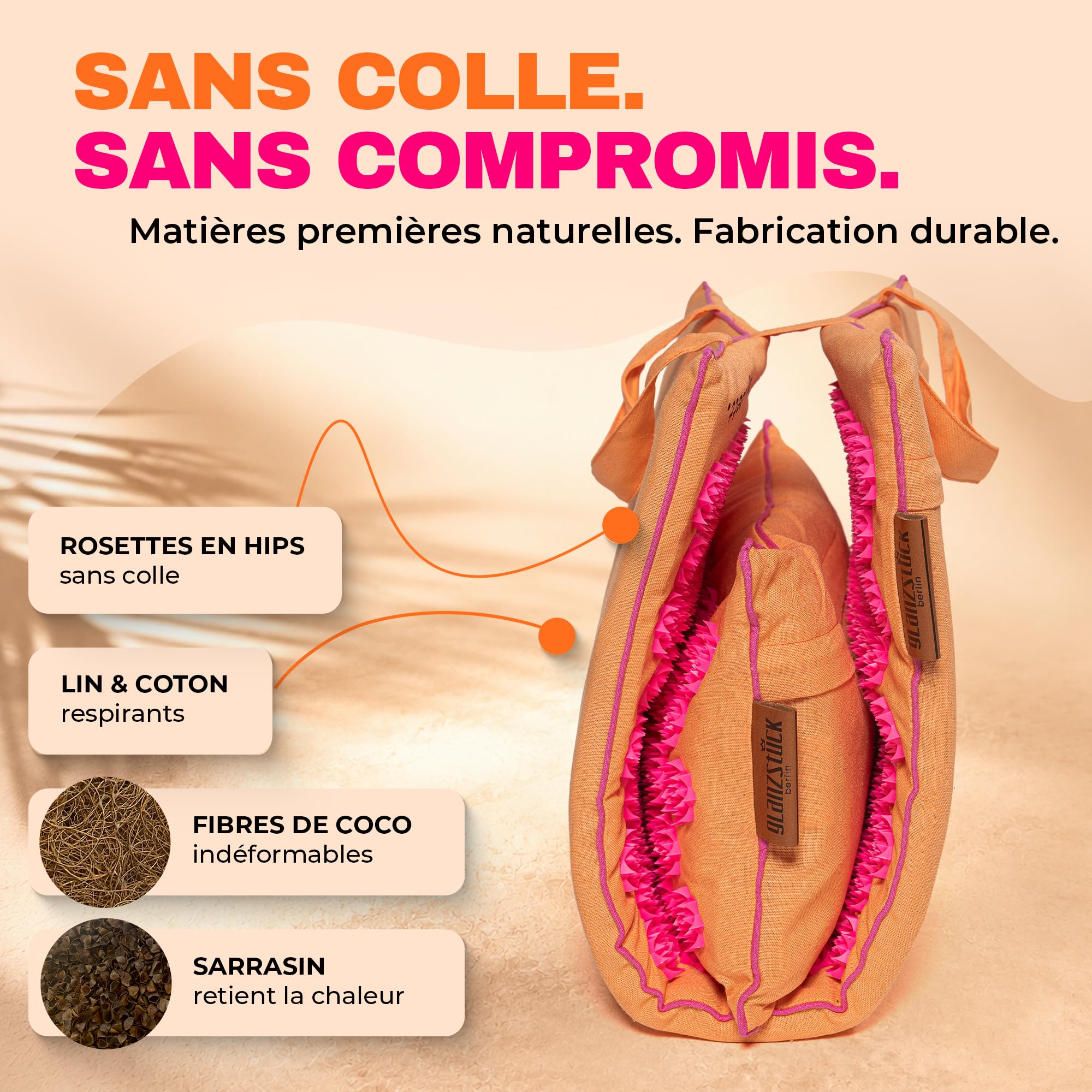 Glanzstück Berlin® Health Collection - Tapis d'acupression XL Intense Color en lin - Aide à soulager les tensions et les maux de dos - Tapis de massage avec coussin (fonction chauffe) et sac - Durable