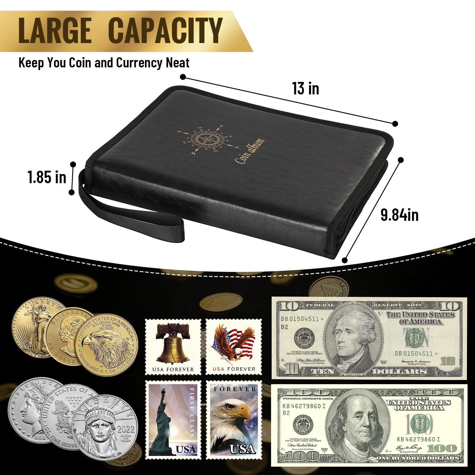 Libro de colección de monedas – Álbum/soporte para carpetas de monedas con organizador de monedas para coleccionistas, suministros de almacenamiento, funda de piel sintética con cremallera y correa de