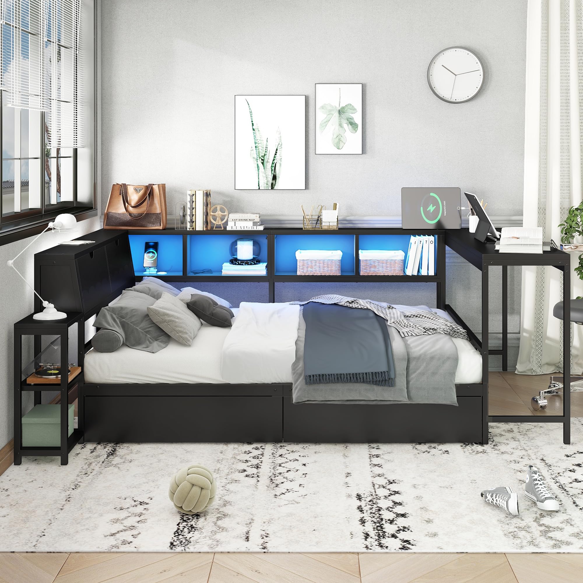 Photo 1 of ***PARTS ONLY*** ***NONFUNCTIONAL*** Bellemave Full Size Corner Bed Frame with Desk and Storage Drawers,Full Metal Platform Corner Bed Frame with Charging Station and LED Lights, Full Daybed for Kids Teens Guests,Black