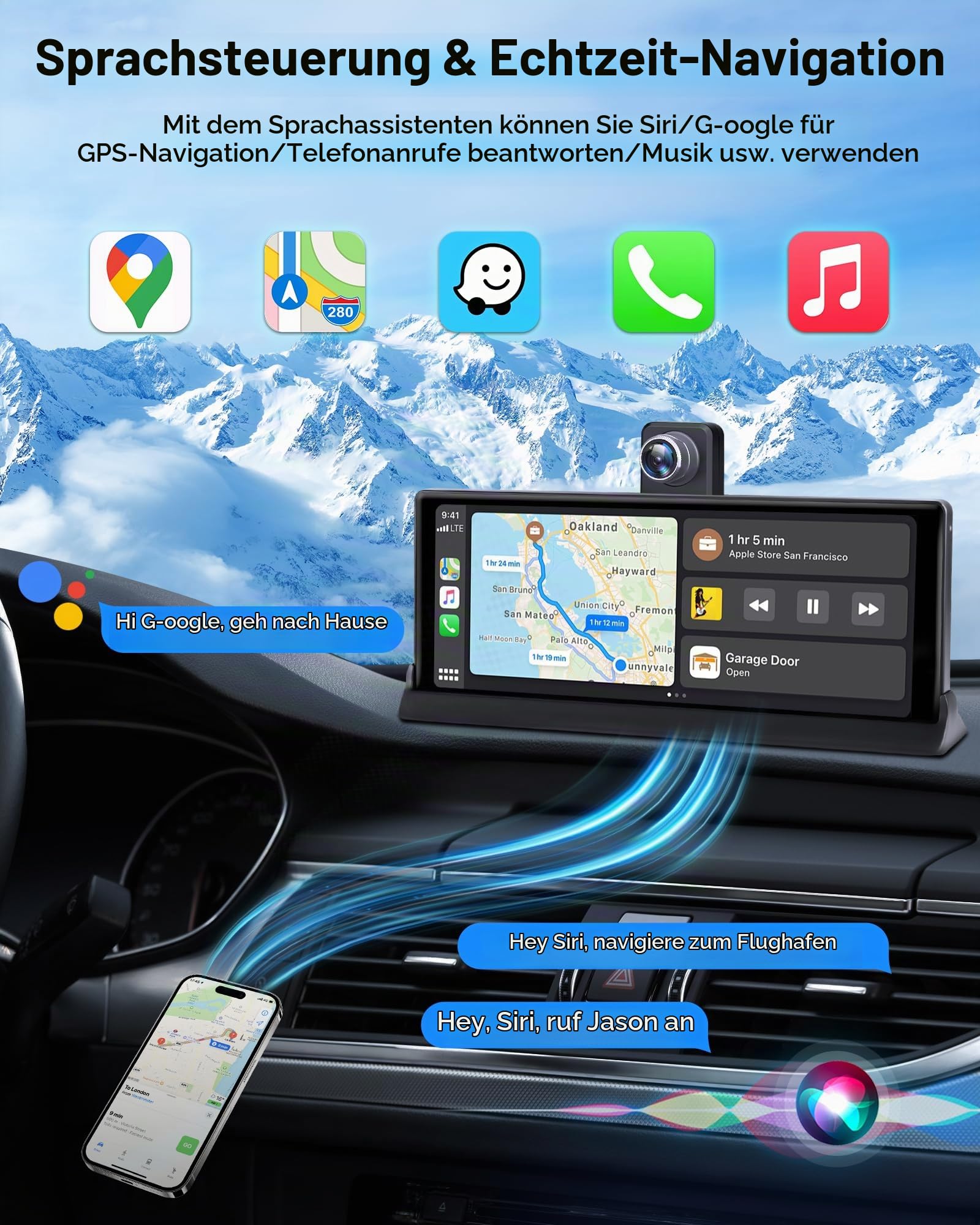 4K Apple Carplay Android Auto Display mit Exklusive Halterung, 350° Drehbare 10,26 Zoll Auto Display Car Play Bildschirm, Buddy Display mit Siri/G-oogle GPS Navigation Bluetooth 64GB TF-Karte