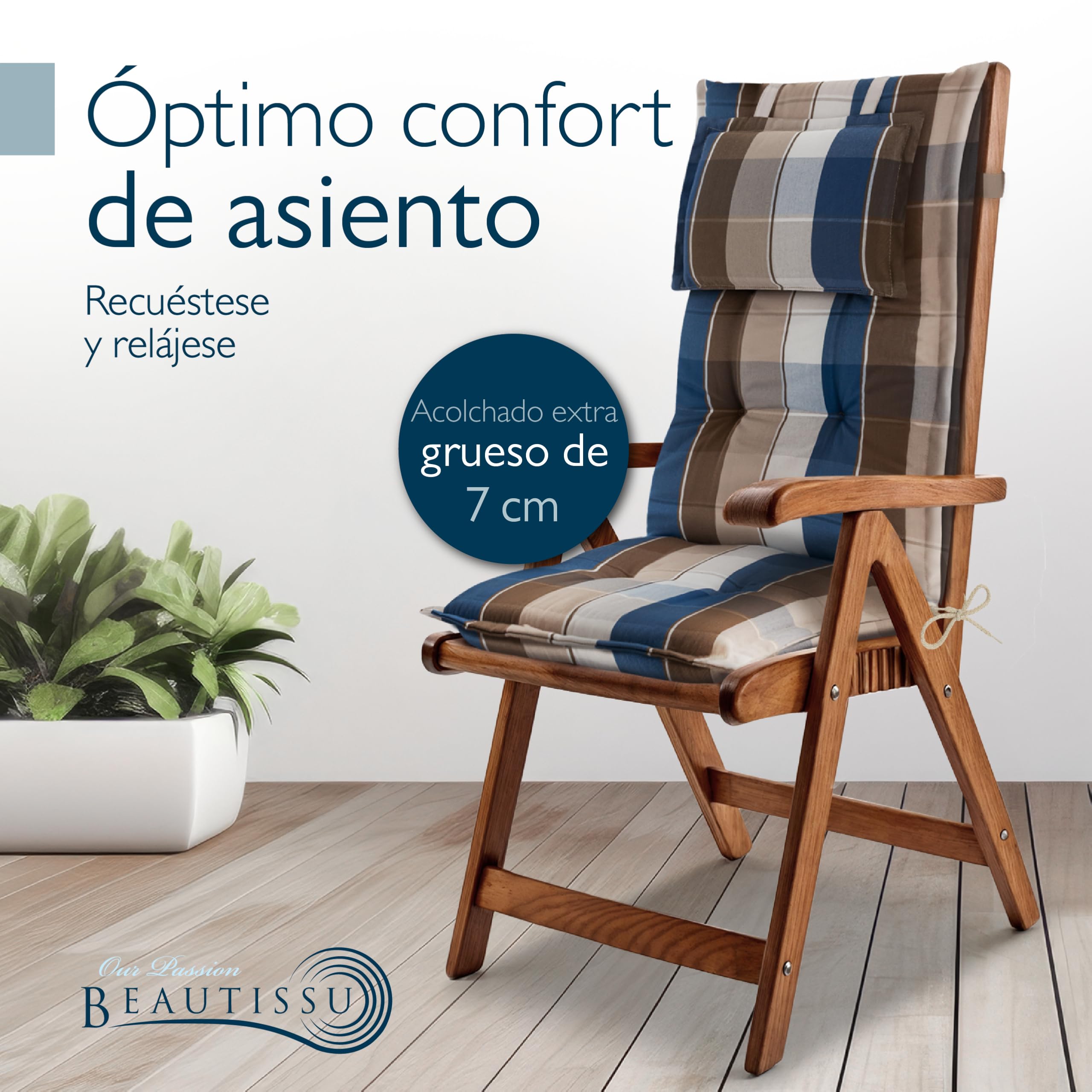 Beautissu Set de 2 Cojines para Sillas de Balcón con Respaldo Alto 120x50cm – Almohadillas de 7cm para Exterior, Tumbonas y Terrazas – HighLux HL – Marrón-Azul a Cuadros – Hecho en la UE