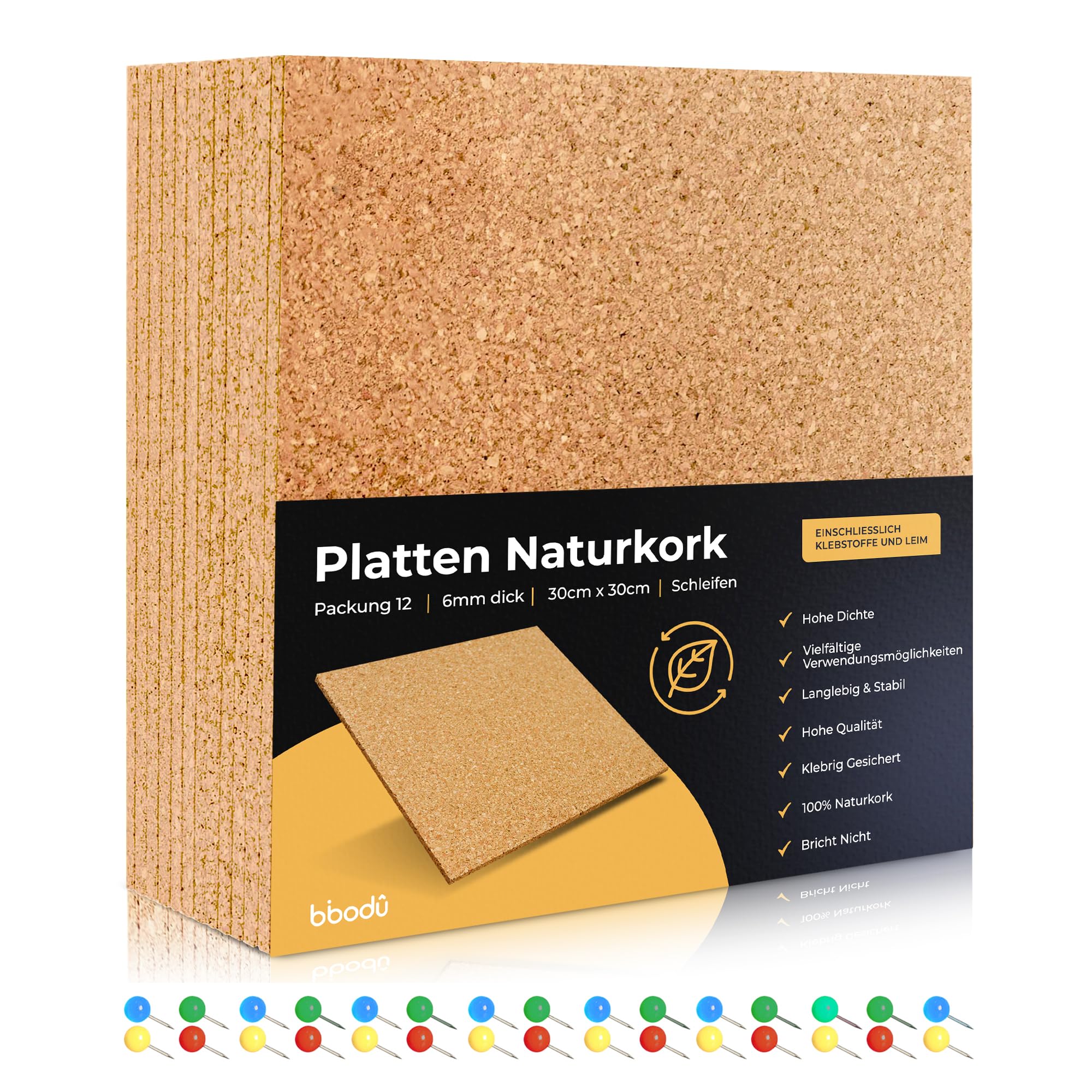 Pinnwand Kork | 12 Korkplatte 30cm x 30cm & 6mm Dicke | Enthält 30 Pins | Korkwand Selbstklebend | Korkwand Pinnwand | Korkplatten für die Wand - Anzeigen - Büro | Kork selbstklebend
