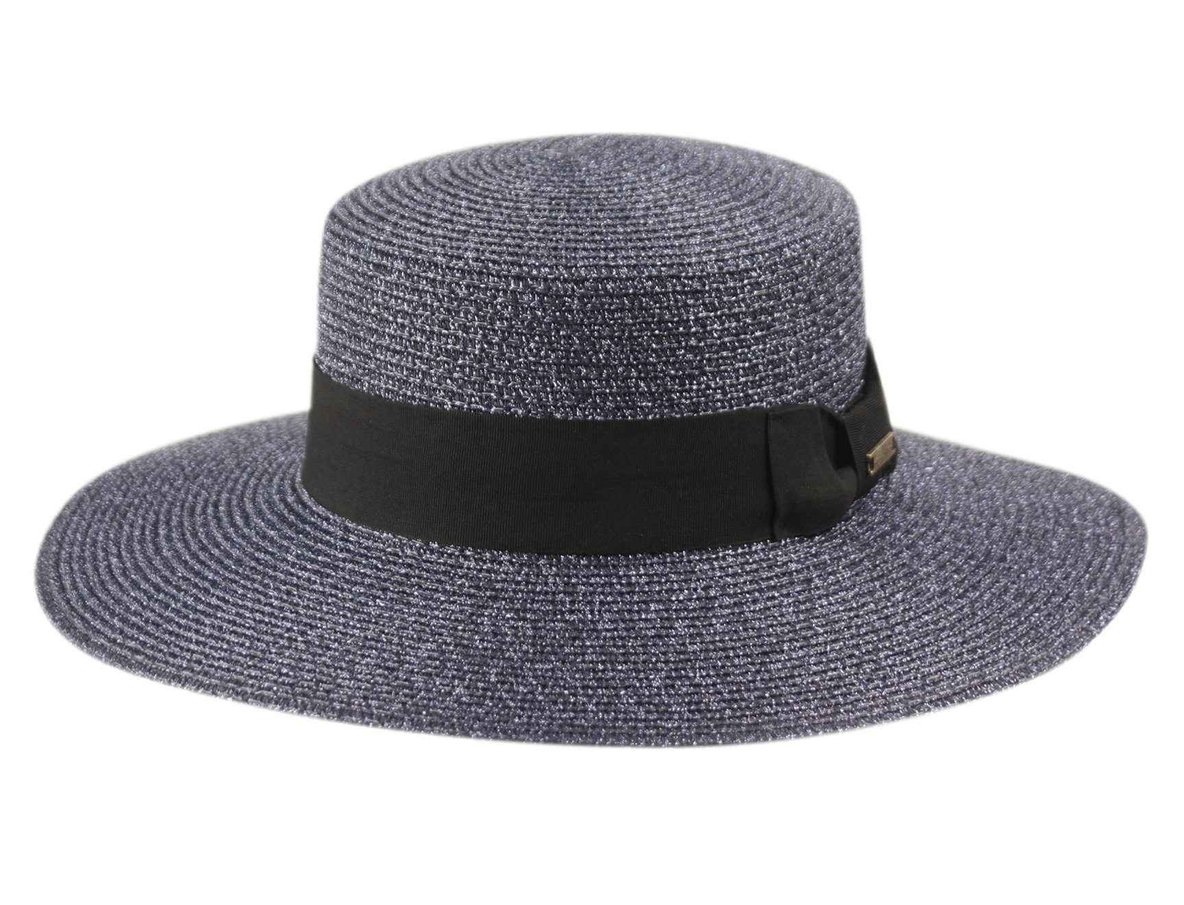 Grosgrain Band Wide Porkpie Boater Derby Flat Top Fedora Sun Hat (Metallic Blue)