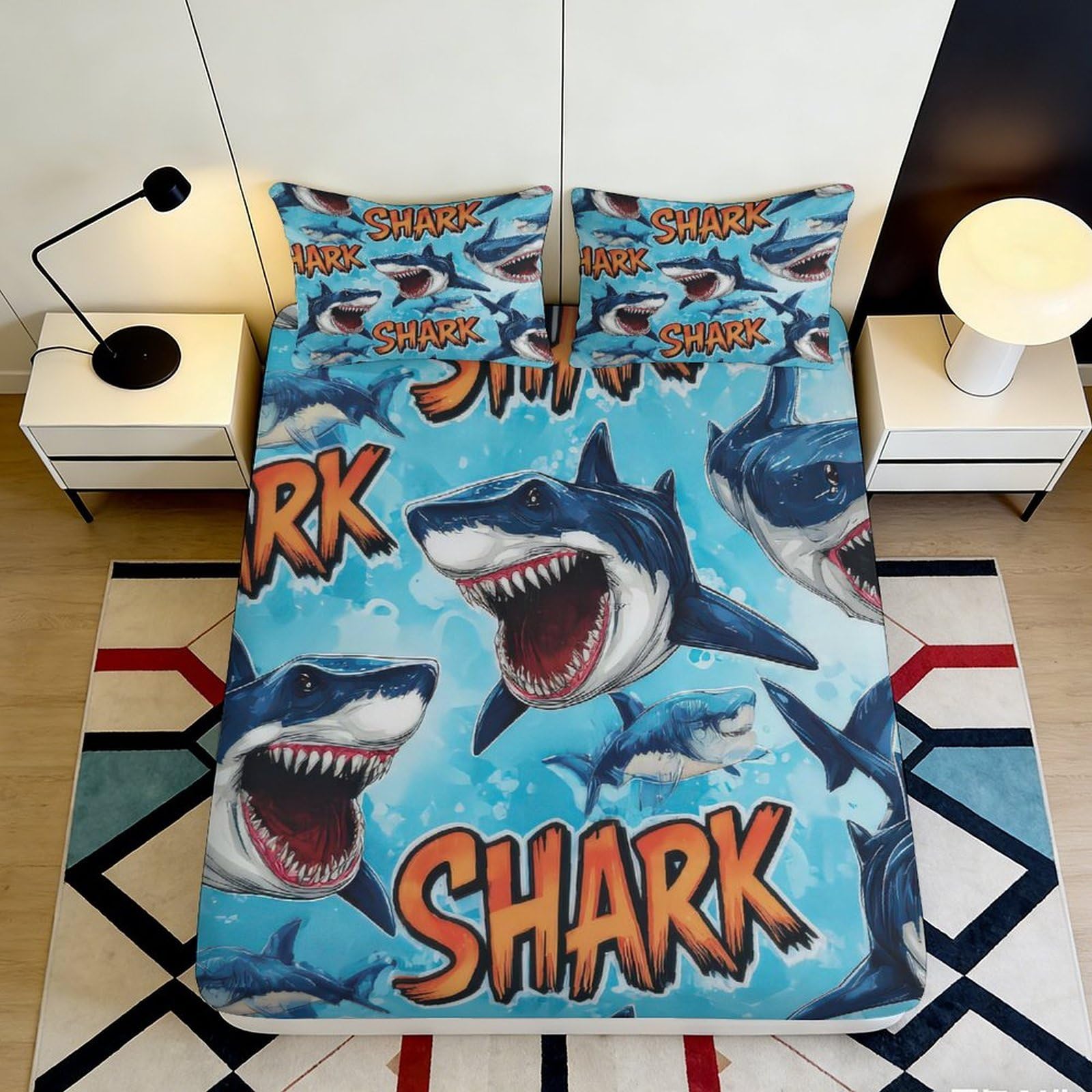 3D Printed Shark Ocean Fitted Sheet Microfiber Soft Anti-Slip Blue Cartoon Mattress Cover for Bedroom Guestroom 200x200x25cm