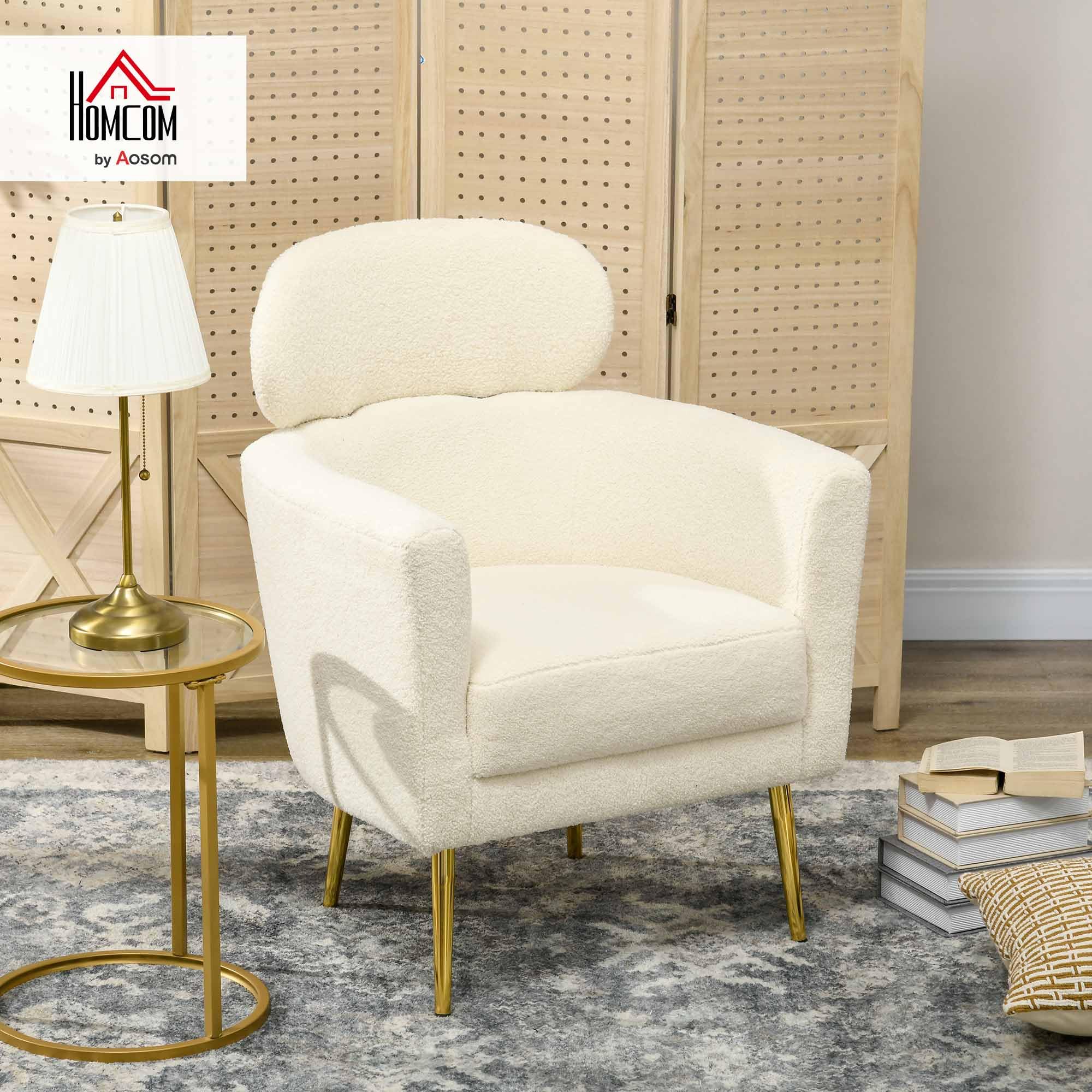 HOMCOM Butaca de Salón Sillón Individual Silla de Ocio Tapizado en Vellón con Reposacabezas y Patas de Metal para Dormitorio Oficina Habitación Carga 125 kg Crema