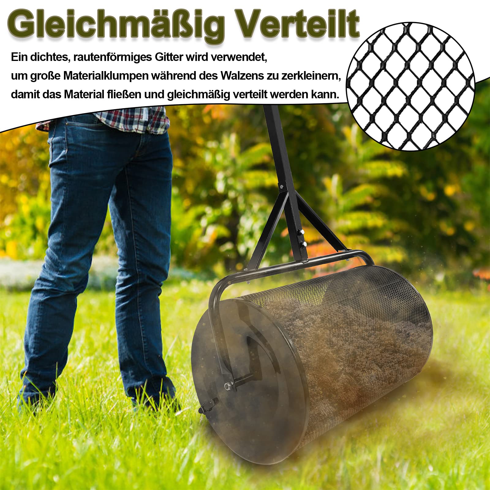 Spargitore per compost, da giardino con cestello in metallo da 65 x 40 cm e manico a T, 80 l, spargitore per semi da giardino (nero)