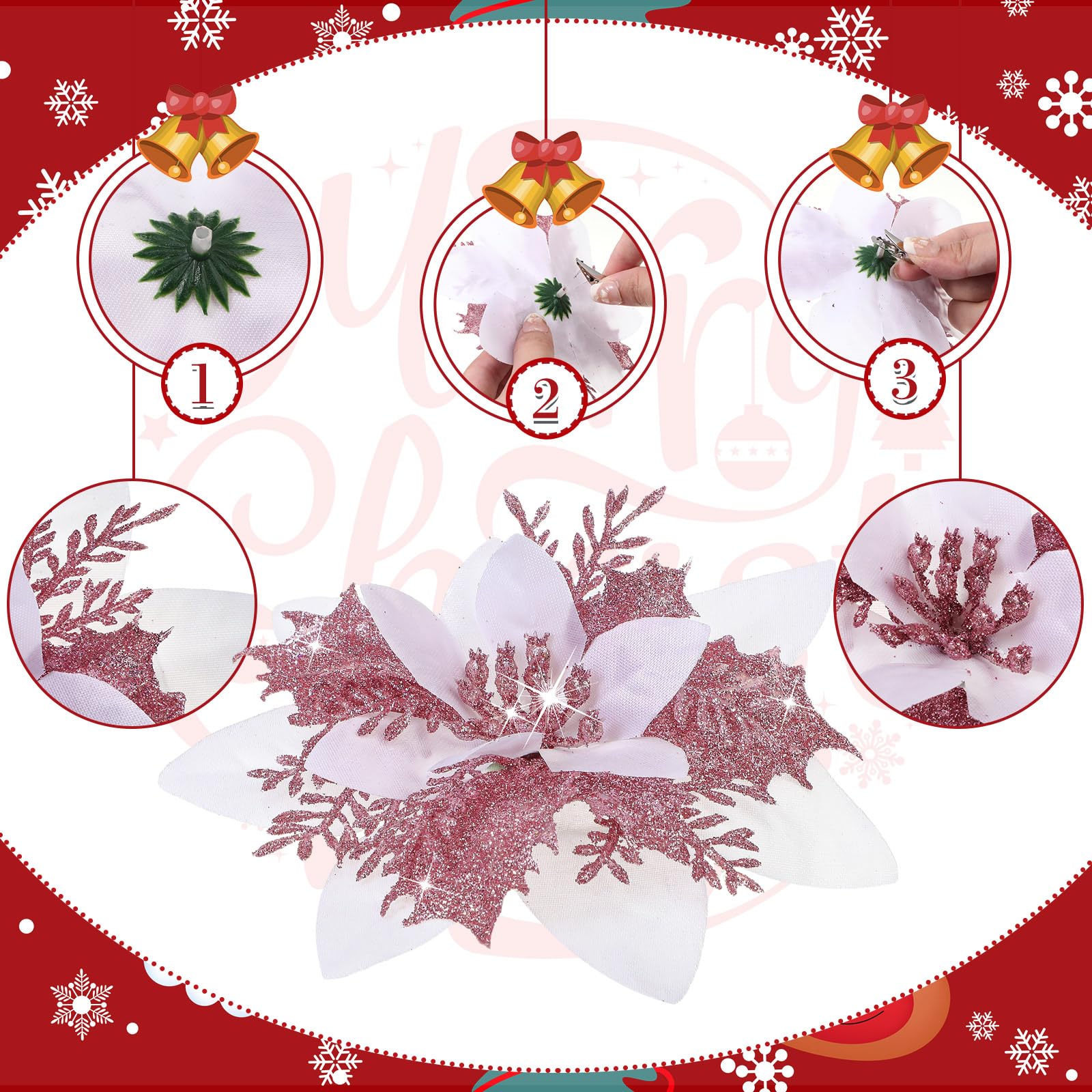 Geosar 24 Christmas Glitter Artificial Poinsettia Flowers Xmas Poinsettia Artificial Wedding Flowers Decorations Xmas Tree Ornaments with Clips for Party Favors 6 Inch - Image 3