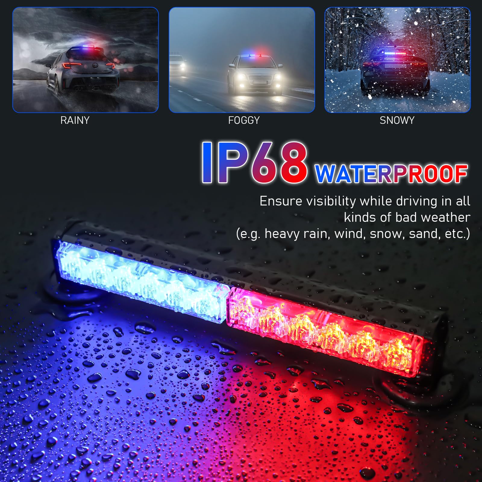 Dinfu Migająca lampka ostrzegawcza LED, 12 cali, na akumulator, niebieska + czerwona, listwa świetlna, 12 V, z 14 trybami stroboskopu, do samochodów osobowych, ciężarowych, ciężarówek (z zapalniczką)