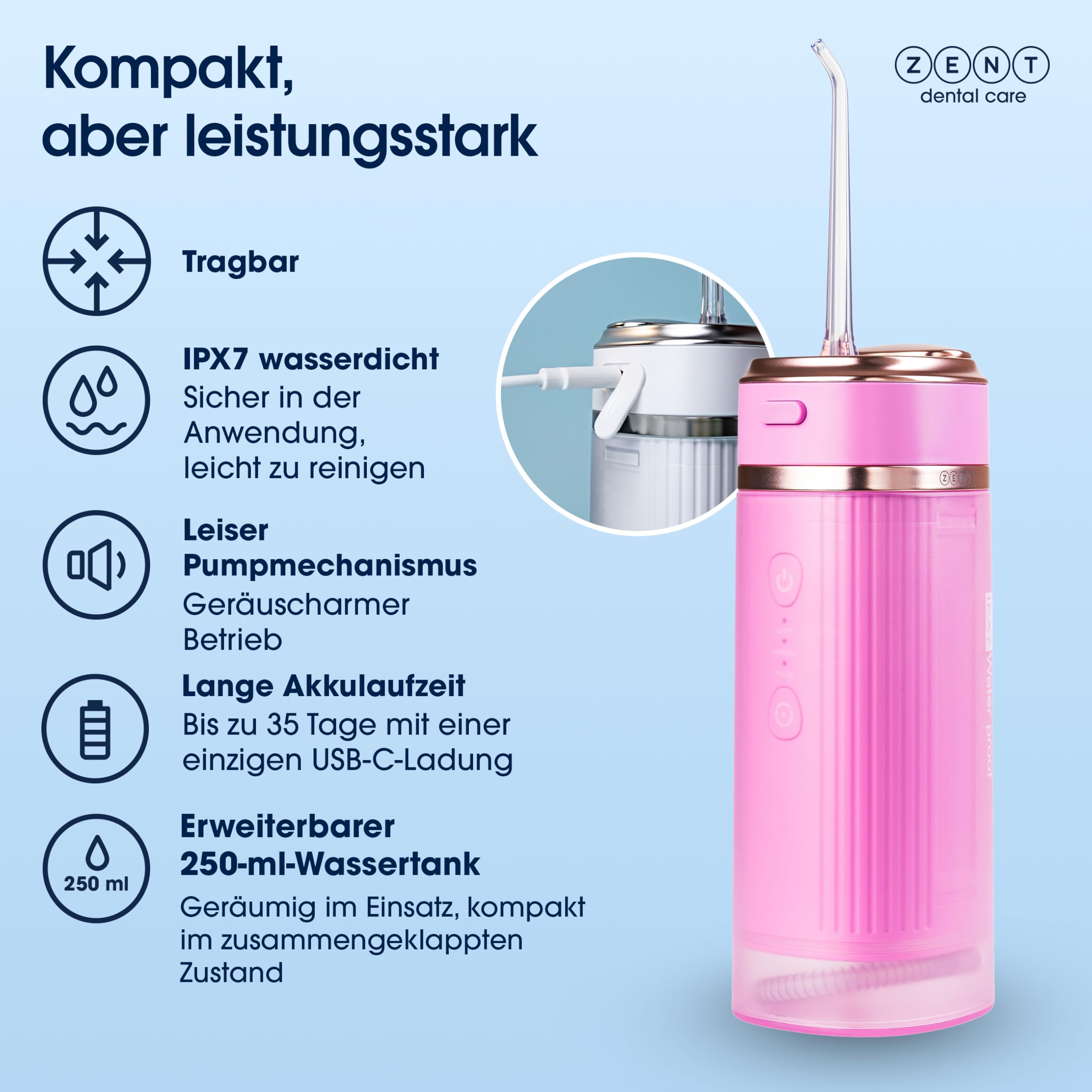 ZENT Munddusche kabellos Water Flosser mit 3 Aufsätzen Rosa | Die Munddusche bietet 360°-Rotationstechnologie, einstellbaren Wasserdruck, IPX7 Schutz und Zahnsteinentferner