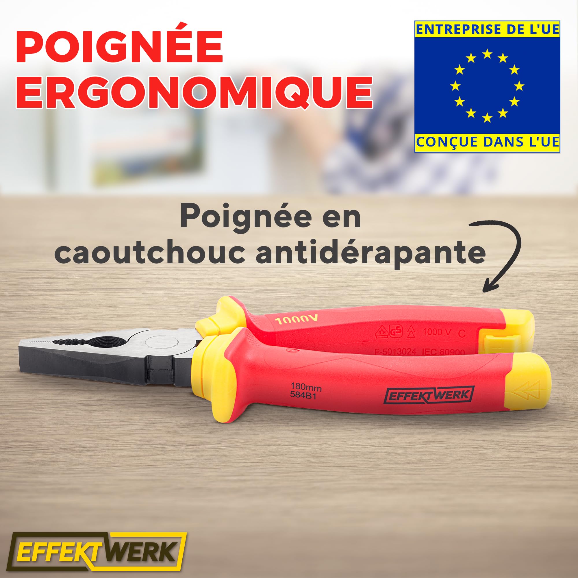 Jeu de 3 pinces pour électricien, isolées et testées VDE, combinées, longues/à bec aiguille et coupantes latérales/pinces coupantes diagonales