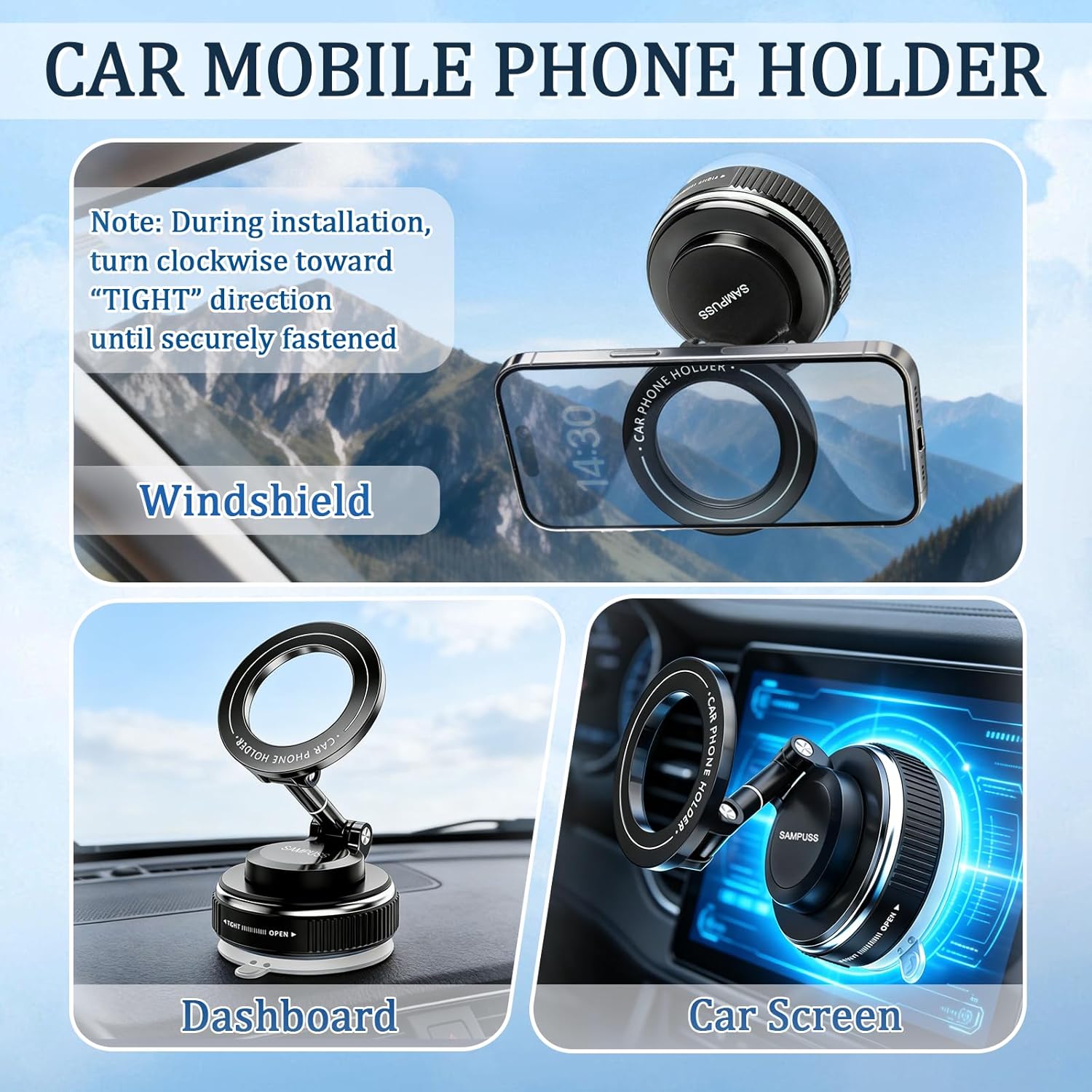 Magnetic Phone Holders for Your Car, Upgraded Vacuum Car Phone Holder, 360° Rotation Cell Phone Car Mount Suction Phone Mount for Magsafe Car Mount for Car Kitchen Gym Travel for All Phone