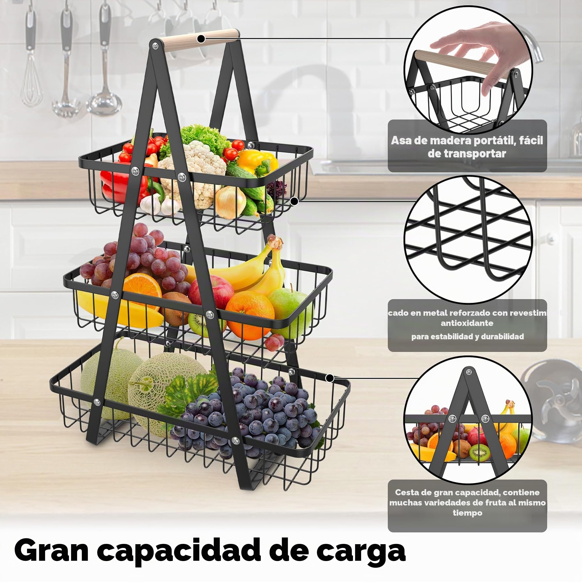 UISEBRT Frutero de 3 pisos, cesta de frutas de metal, bandeja de frutas extraíble, soporte para cocina, cesta de almacenamiento con mango de madera, cesta de pan, estante para verduras, cesta para