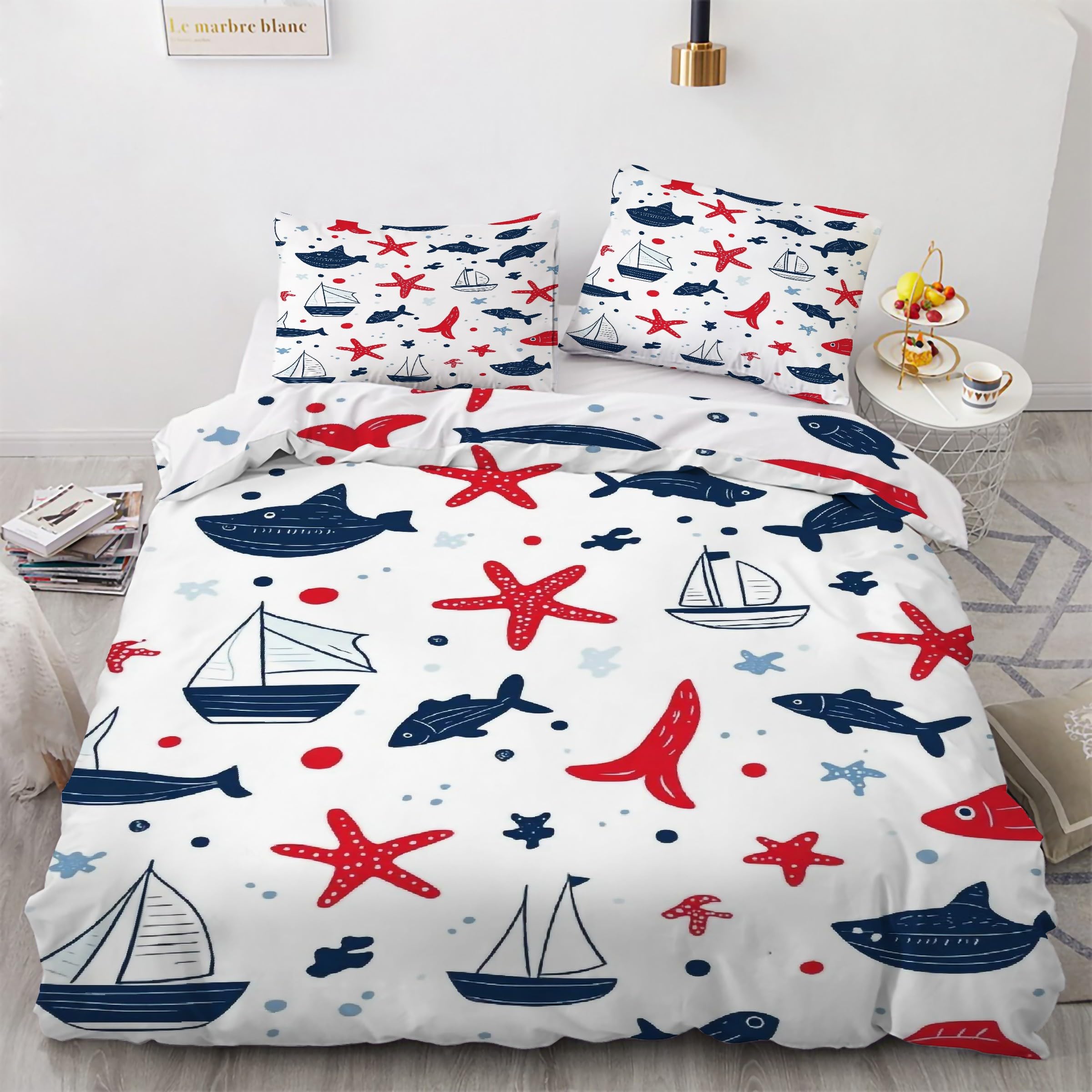 Housse de couette 200x200 douce pour peau sensible motif marin avec fermeture éclair