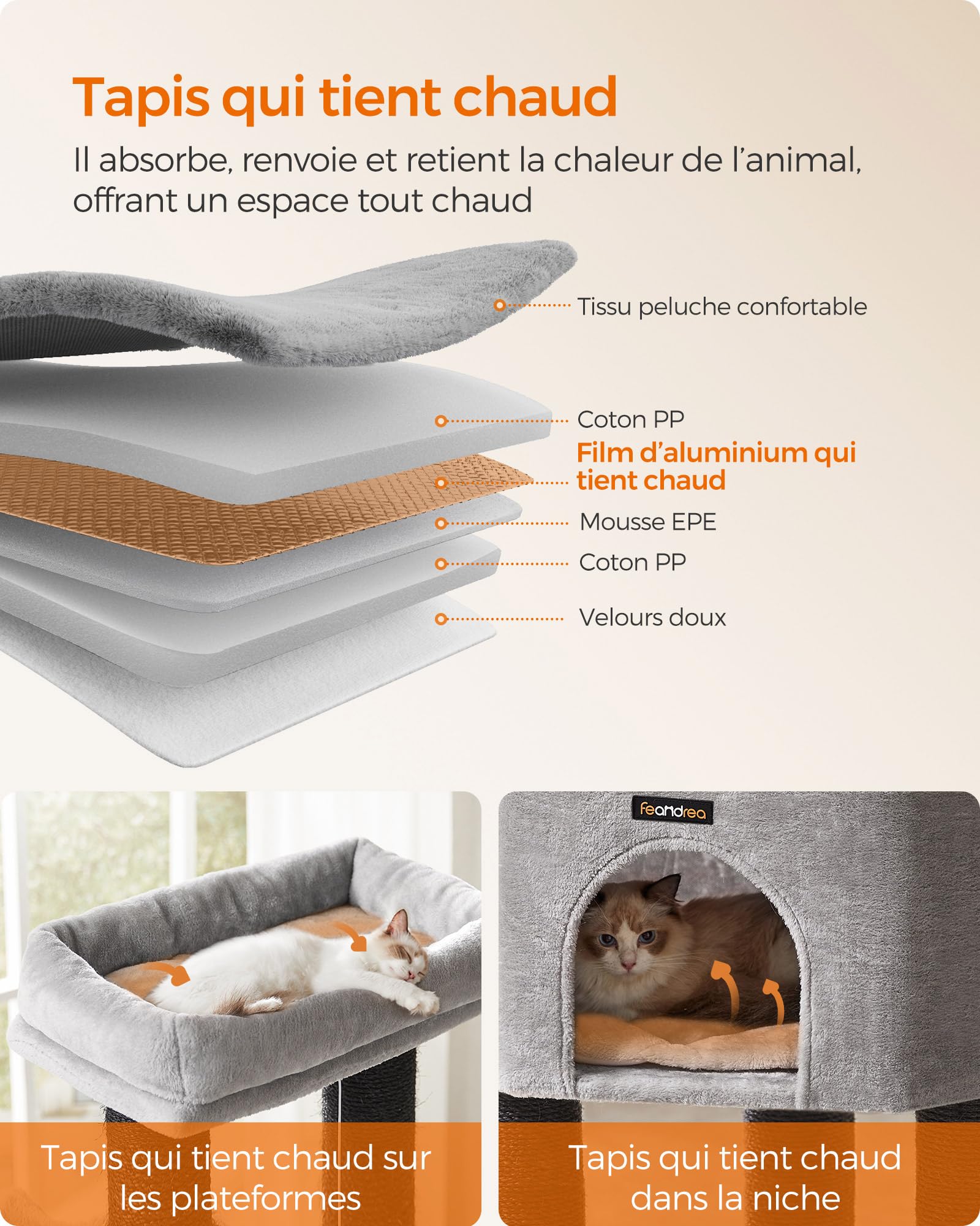 Feandrea Arbre à Chat Grand et Stable, Auto-toiletteurs, Poteaux à Griffer, Niche, Hamacs, Plateformes, Corde en Sisal, 50 x 50 x 160 cm, Gris Tourterelle et Noir PCT003W01